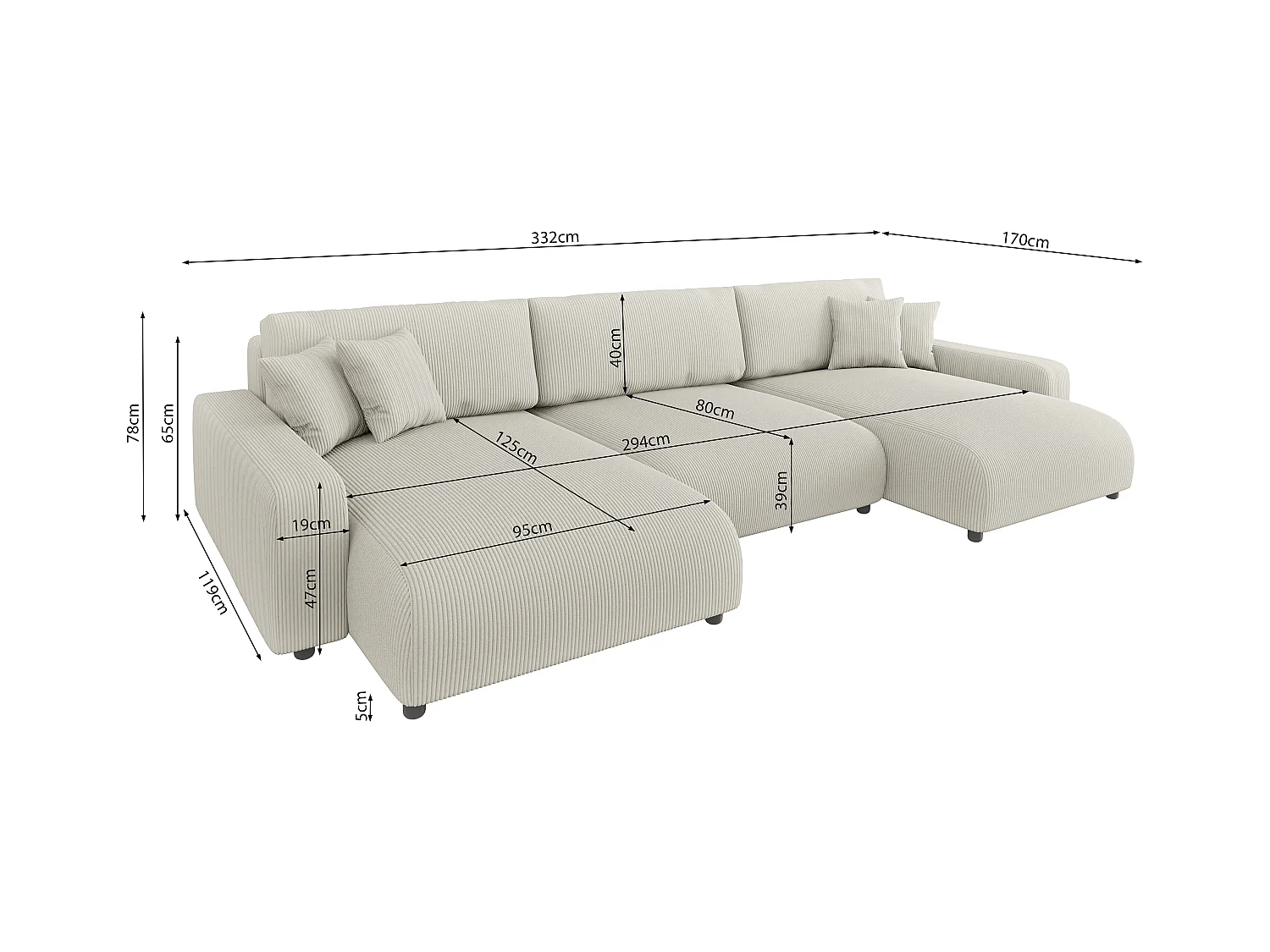 Emma - Wohnlandschaft mit Schlaffunktion und Bettkasten in Beige Cord-Stoff schöner Sitzkomfort