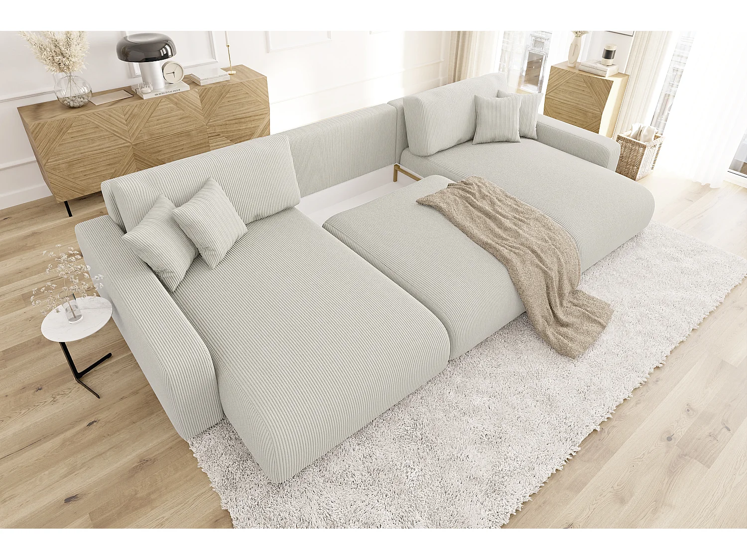 Emma - Wohnlandschaft mit Schlaffunktion und Bettkasten in Beige Cord-Stoff schöner Sitzkomfort