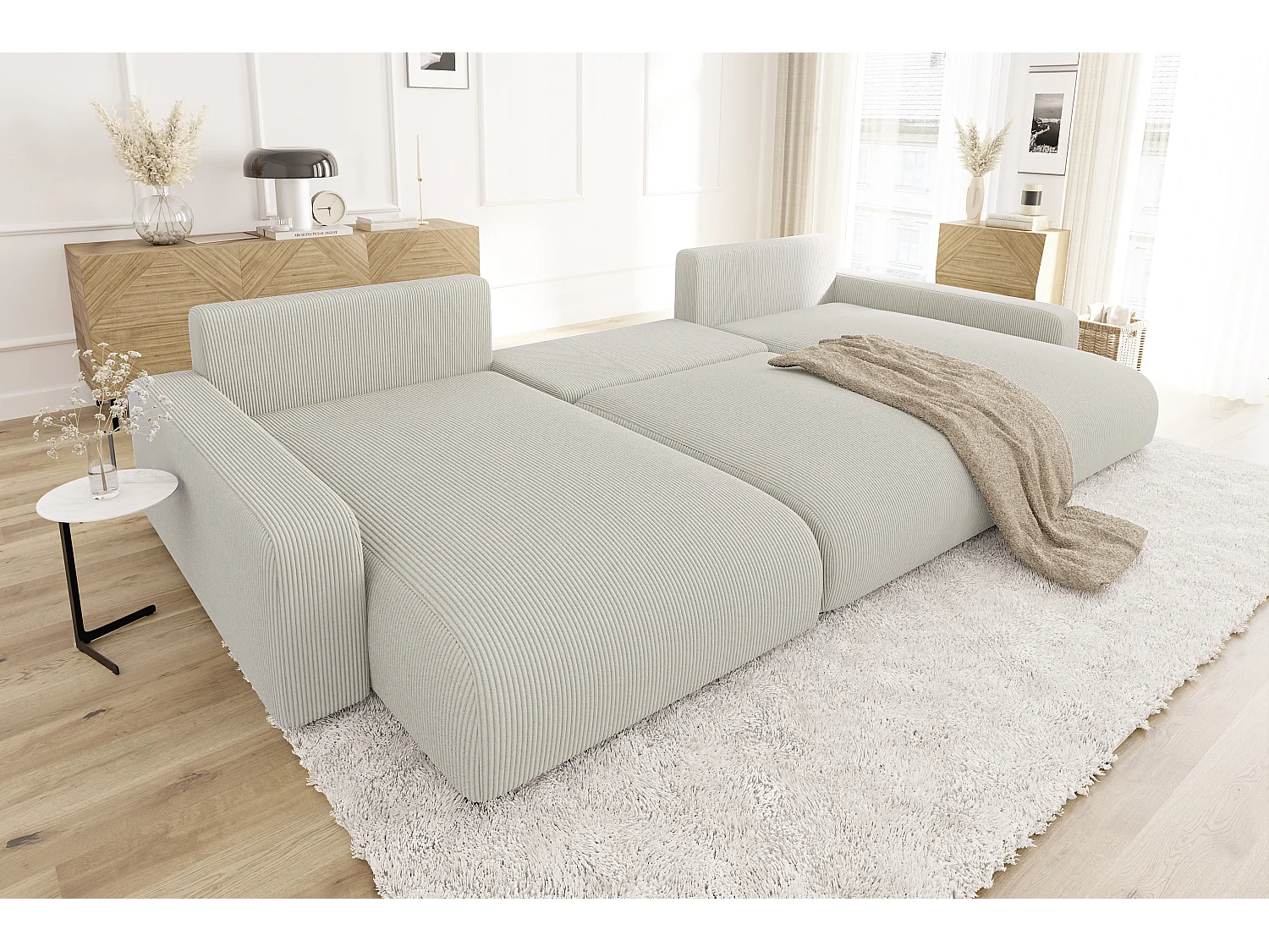 Emma - Wohnlandschaft mit Schlaffunktion und Bettkasten in Beige Cord-Stoff schöner Sitzkomfort