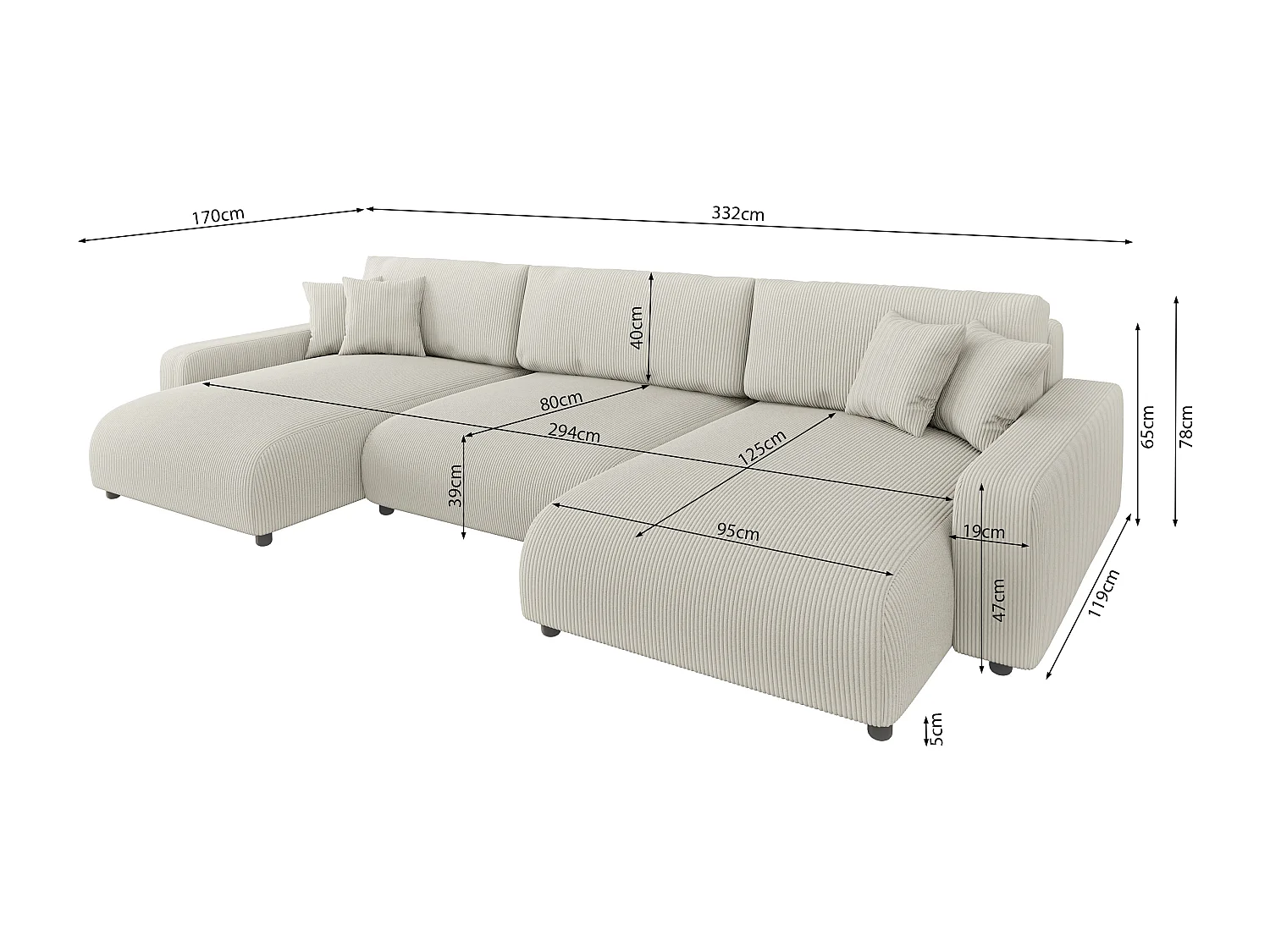 Emma - Wohnlandschaft mit Schlaffunktion und Bettkasten in Beige Cord-Stoff schöner Sitzkomfort