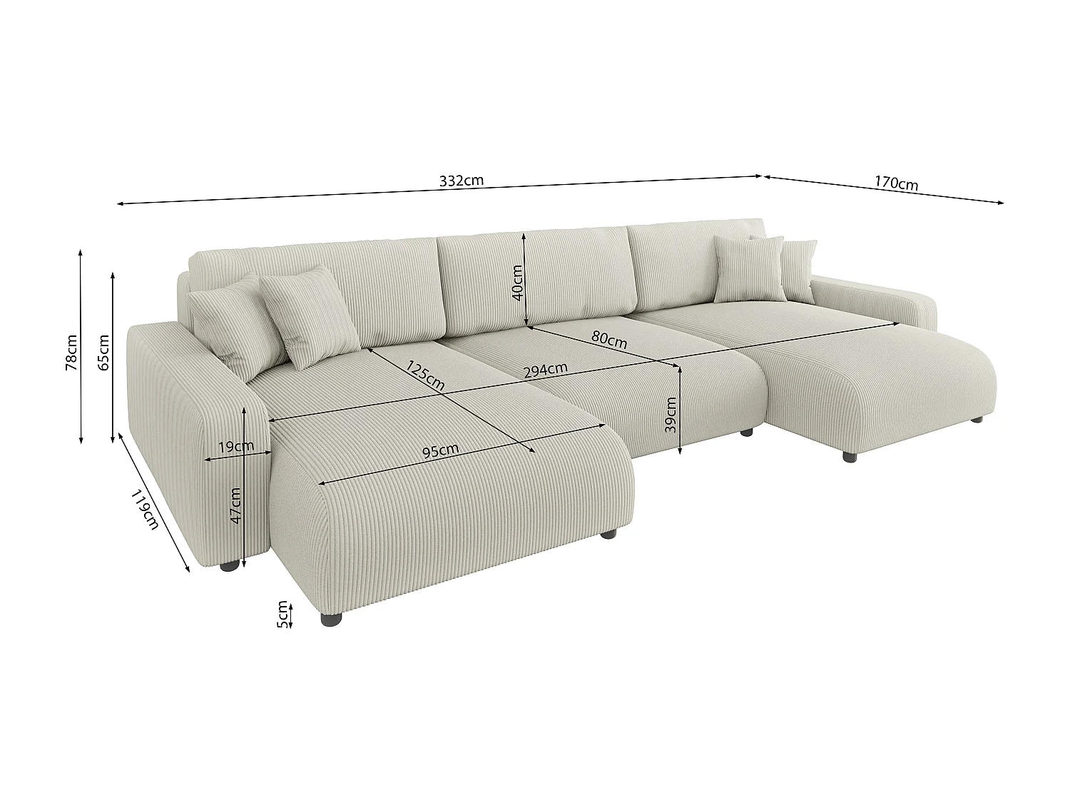 Emma - Wohnlandschaft mit Schlaffunktion und Bettkasten in Beige Cord-Stoff schöner Sitzkomfort