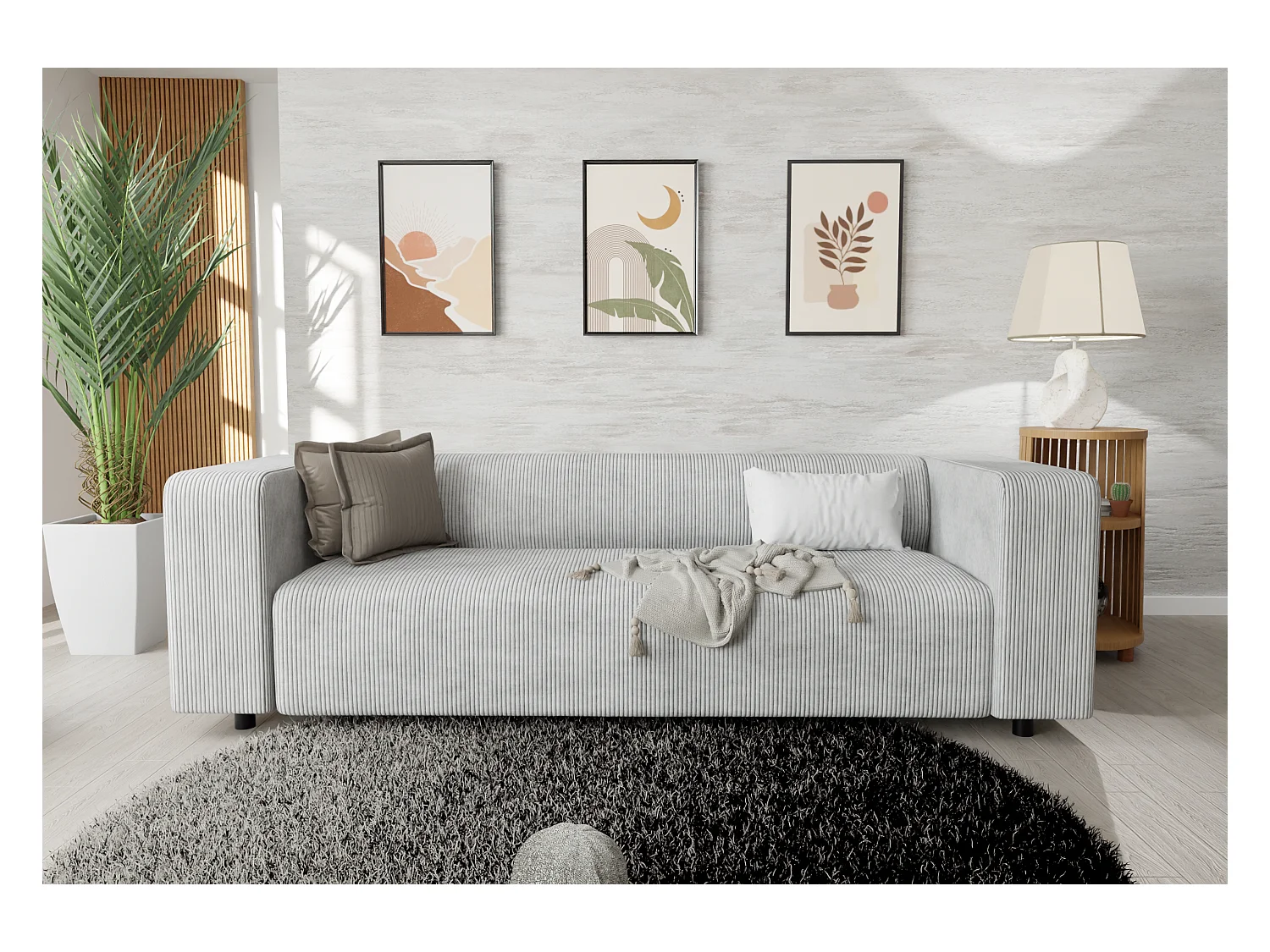 Canapé droit 3 places moderne en velours côtelé gris clair avec assise confortable THORA