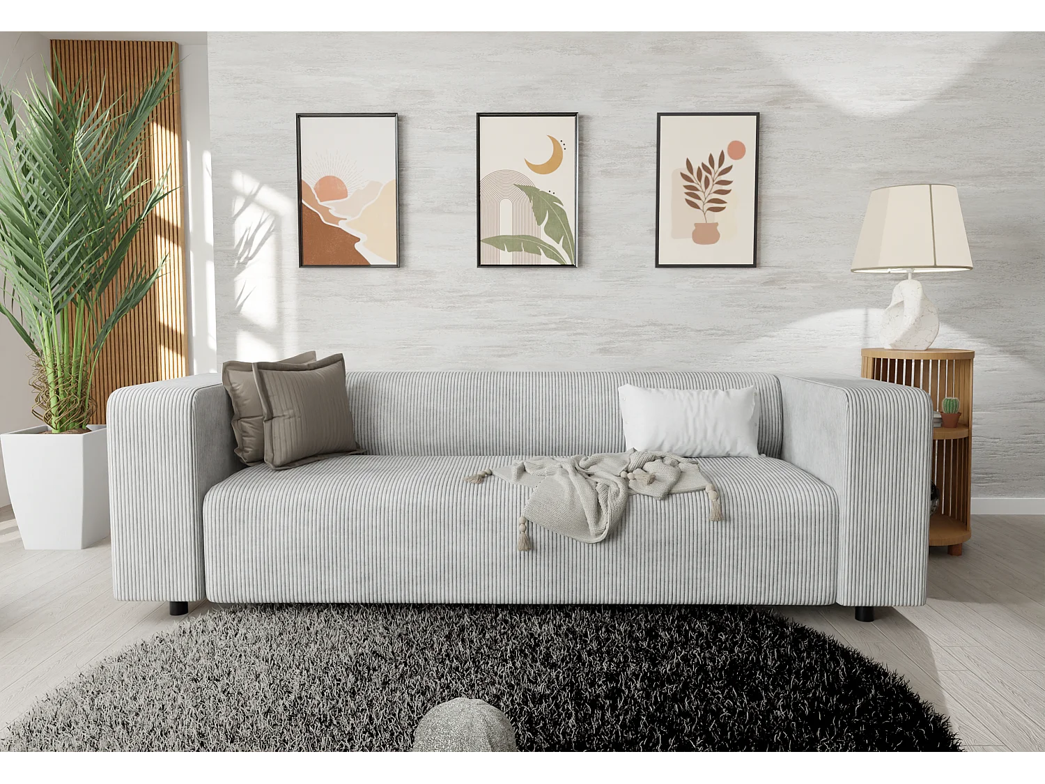 Thora - Modernes Sofa 3 sitzer aus Hellgrau Cord-Stoff mit bequemem Sitz