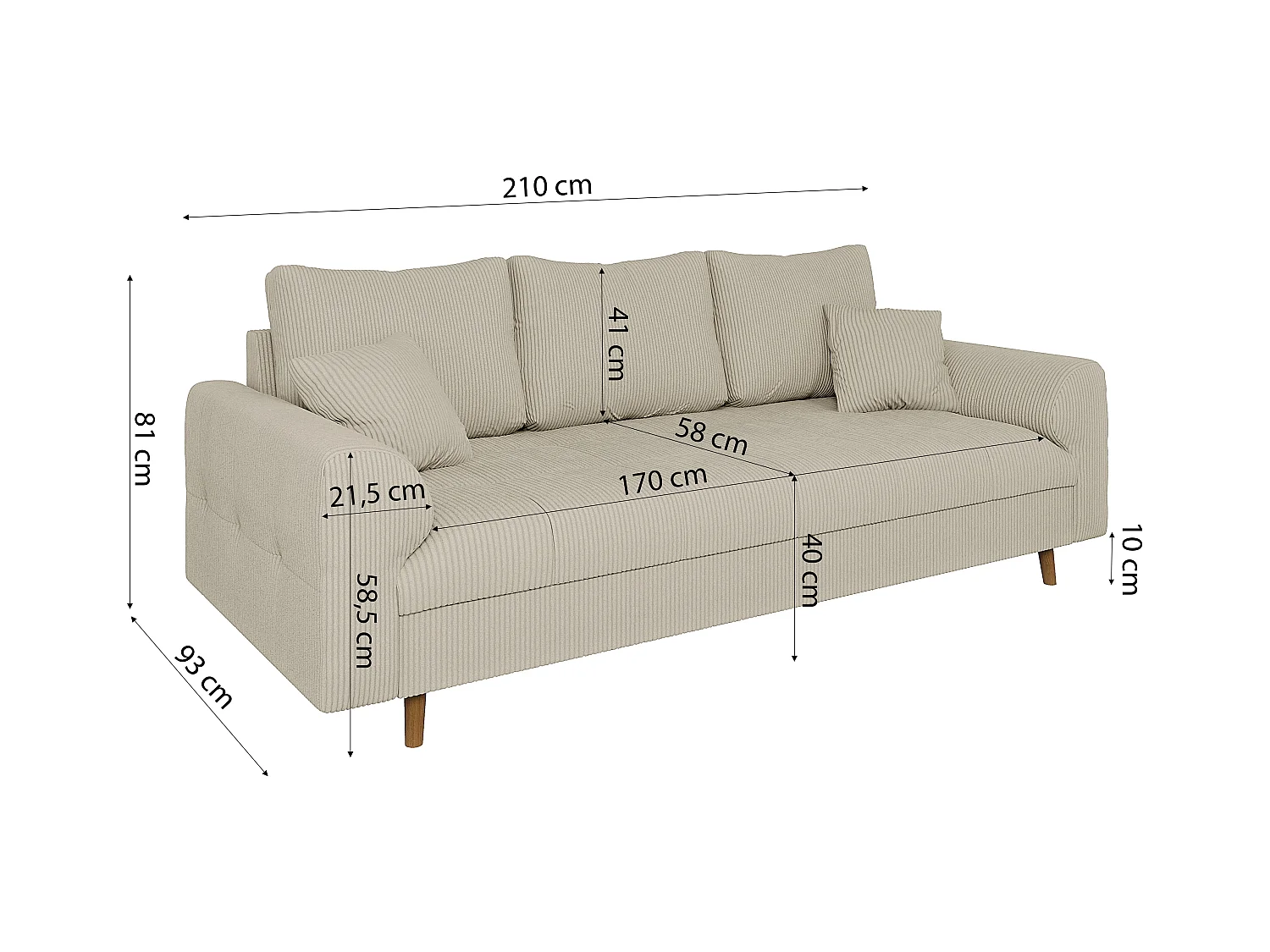 Jasper - Polstergarnitur 3+2+1 mit Braun Holzfüßen im skandinavischen Stil aus Beige Cord-Stoff
