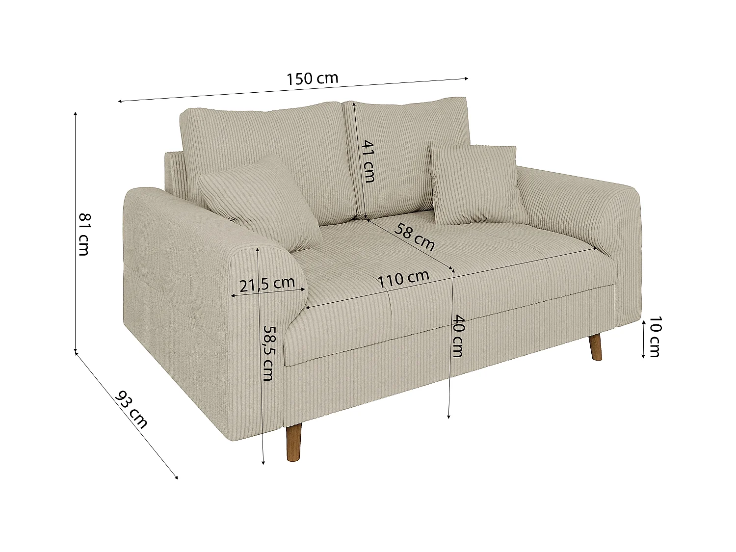 Jasper - Polstergarnitur 3+2+1 mit Braun Holzfüßen im skandinavischen Stil aus Beige Cord-Stoff