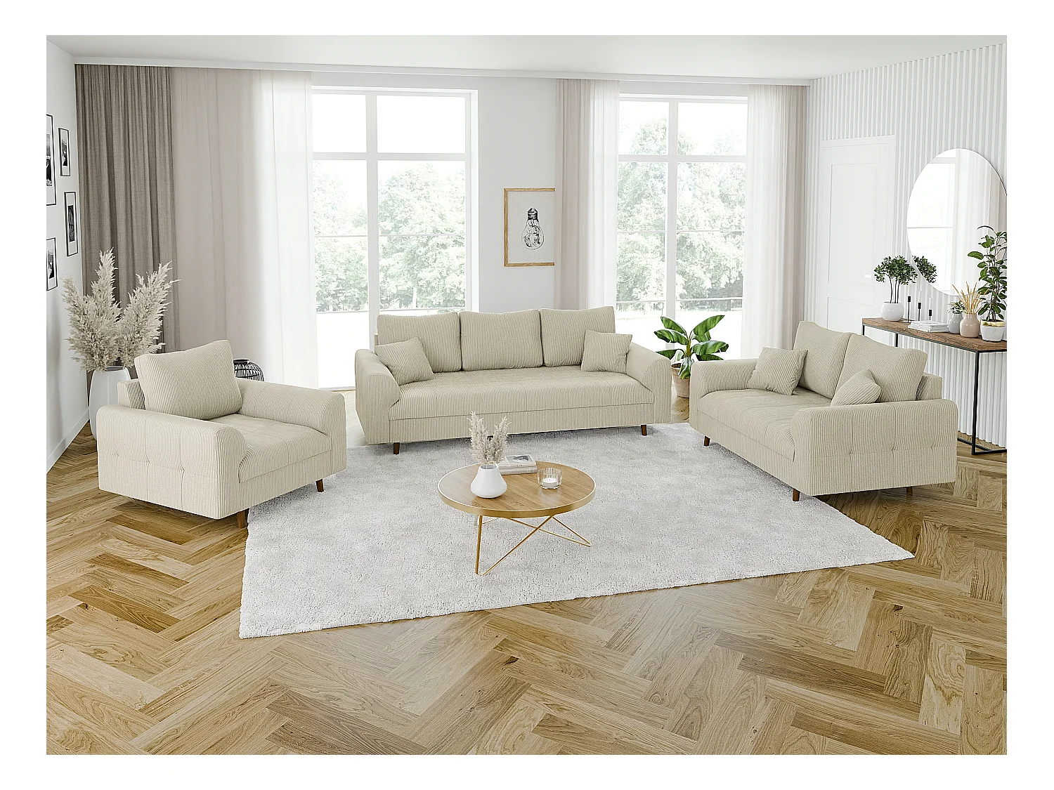 Jasper - Polstergarnitur 3+2+1 mit Braun Holzfüßen im skandinavischen Stil aus Beige Cord-Stoff