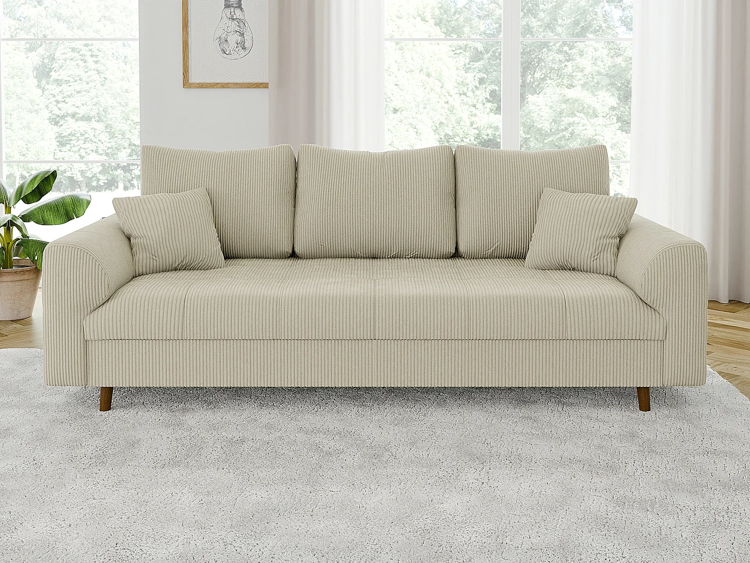 Jasper - Polstergarnitur 3+2+1 mit Braun Holzfüßen im skandinavischen Stil aus Beige Cord-Stoff