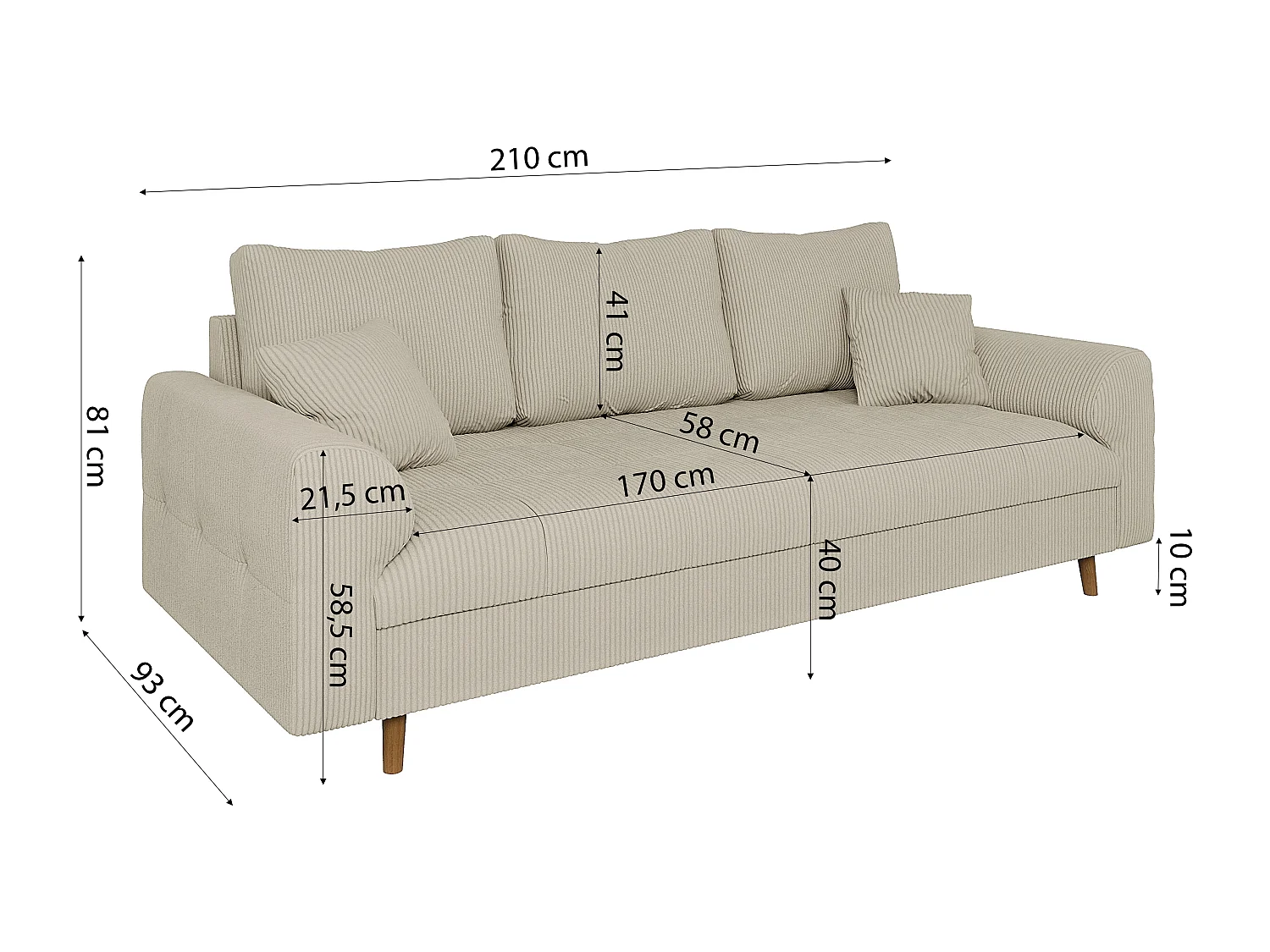 Jasper - Polstergarnitur 3+2+1 mit Braun Holzfüßen im skandinavischen Stil aus Beige Cord-Stoff