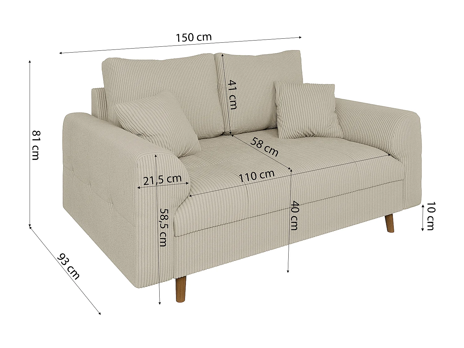 Jasper - Polstergarnitur 3+2+1 mit Braun Holzfüßen im skandinavischen Stil aus Beige Cord-Stoff