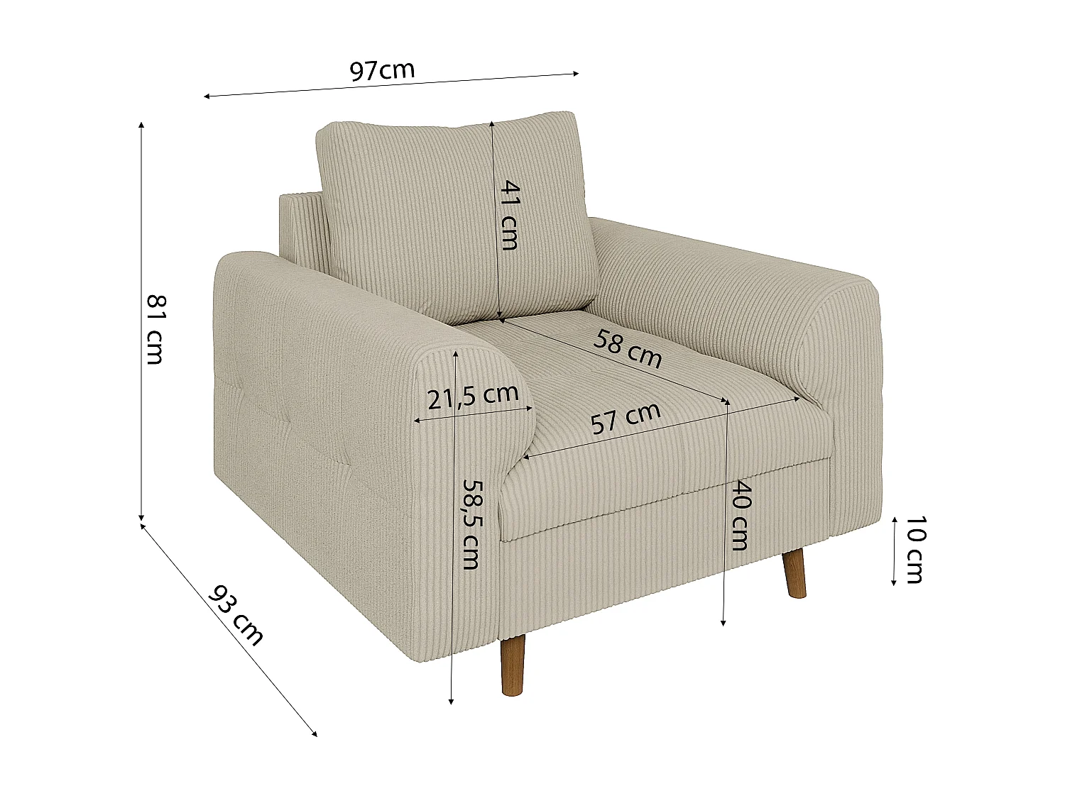 Jasper - Polstergarnitur 3+2+1 mit Braun Holzfüßen im skandinavischen Stil aus Beige Cord-Stoff