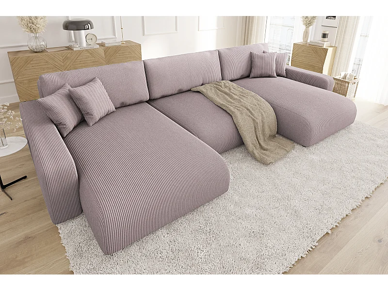 Emma - Wohnlandschaft mit Schlaffunktion und Bettkasten in Puderrosa Cord-Stoff schöner Sitzkomfort