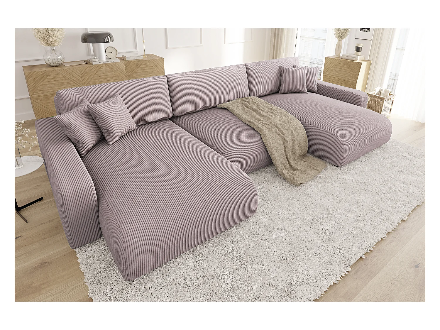 Emma - Wohnlandschaft mit Schlaffunktion und Bettkasten in Puderrosa Cord-Stoff schöner Sitzkomfort