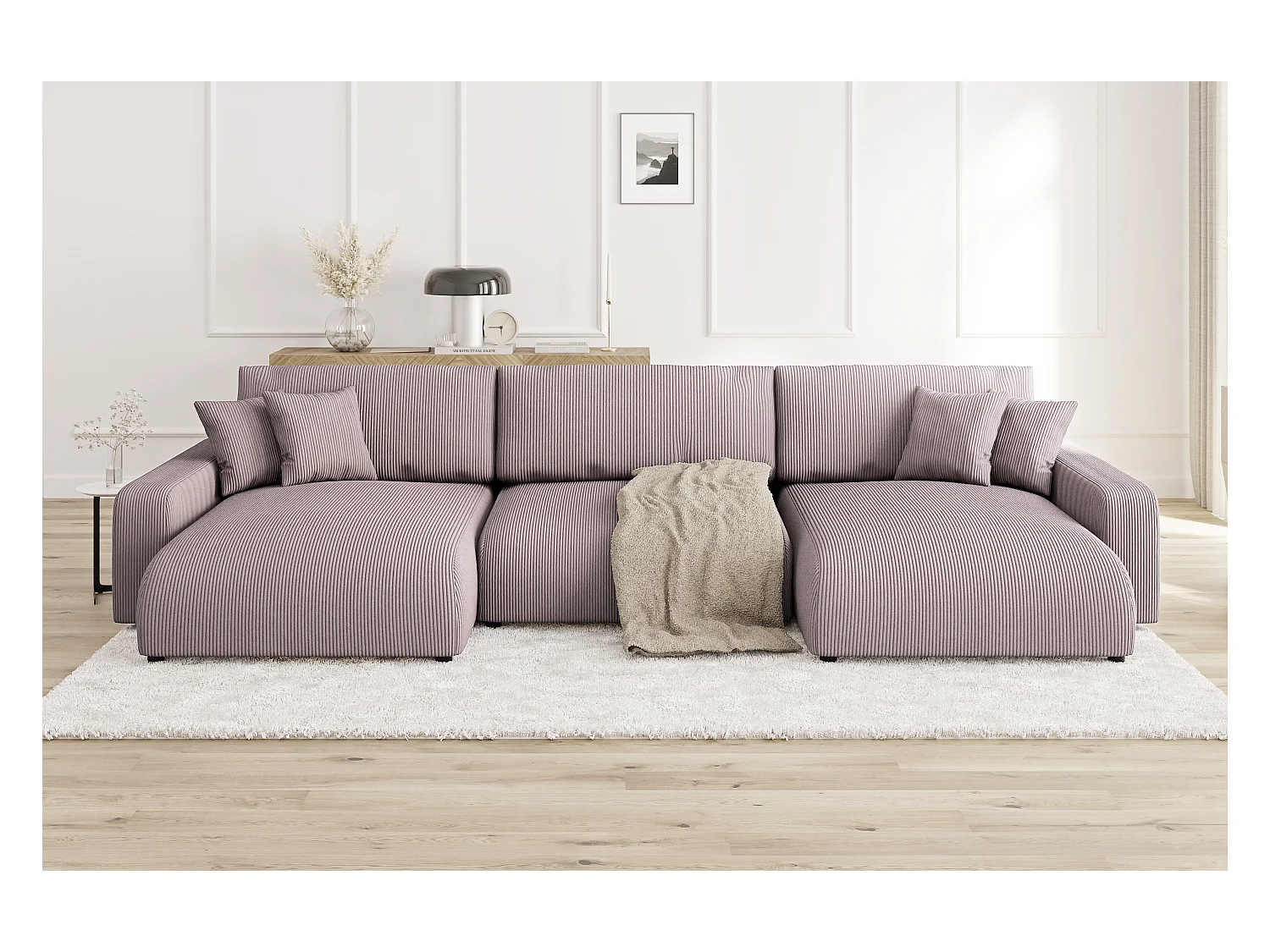 Emma - Wohnlandschaft mit Schlaffunktion und Bettkasten in Puderrosa Cord-Stoff schöner Sitzkomfort