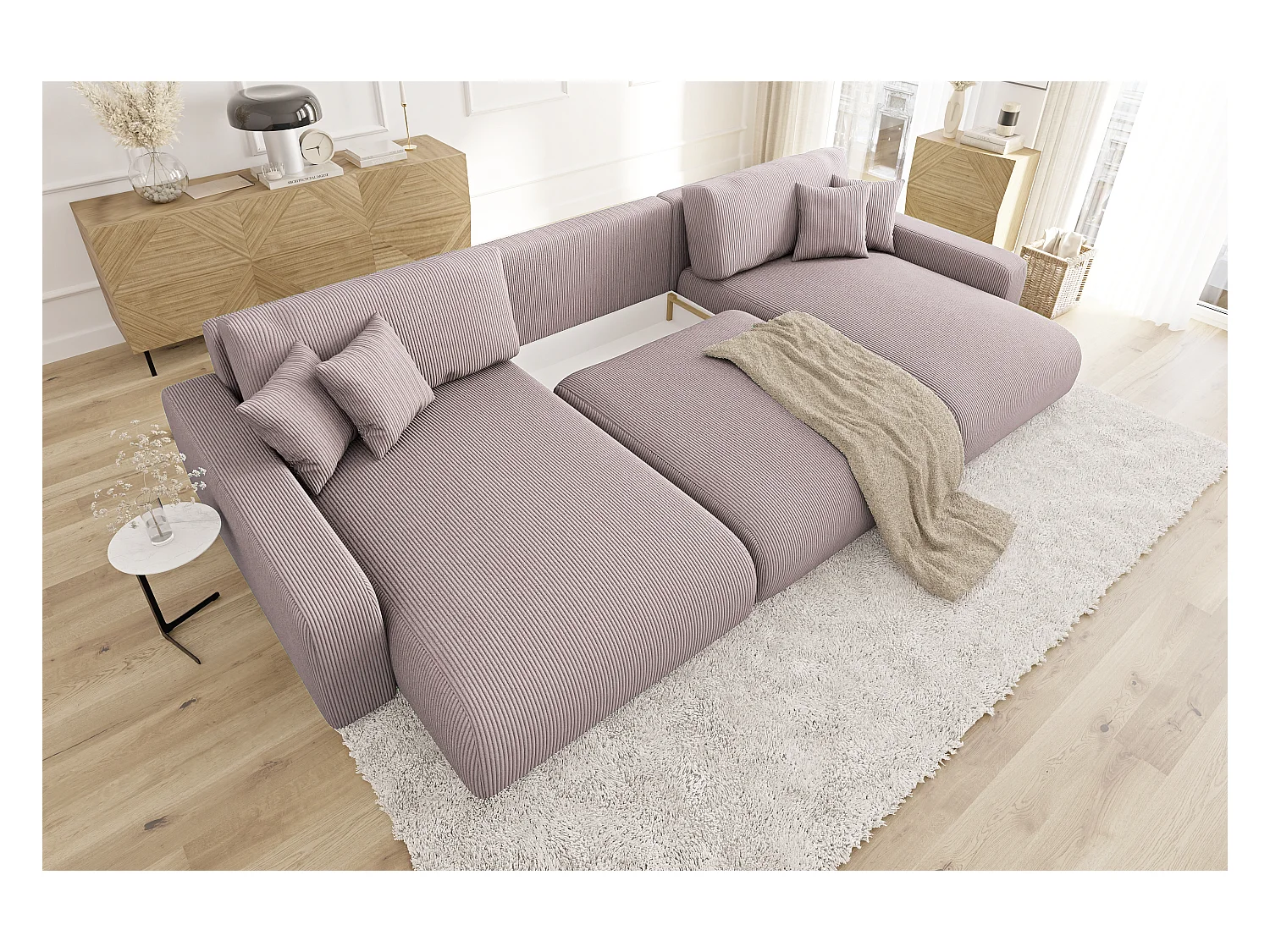 Emma - Wohnlandschaft mit Schlaffunktion und Bettkasten in Puderrosa Cord-Stoff schöner Sitzkomfort