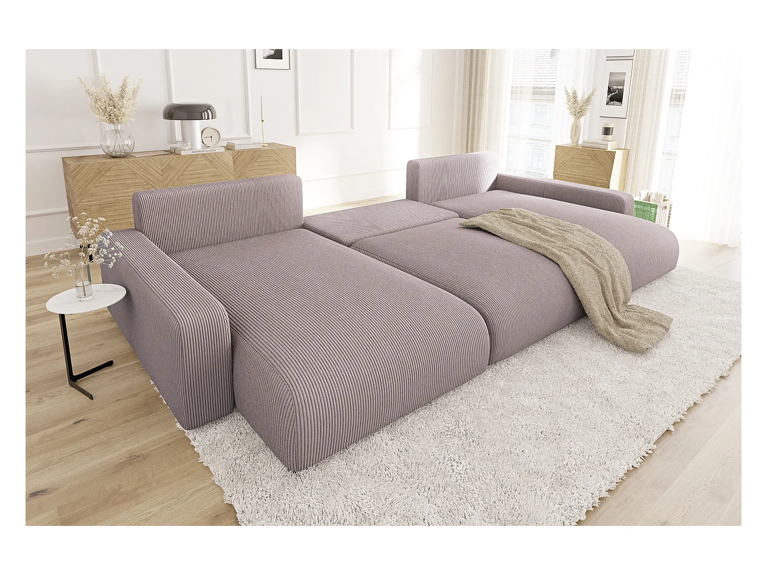 Emma - Wohnlandschaft mit Schlaffunktion und Bettkasten in Puderrosa Cord-Stoff schöner Sitzkomfort