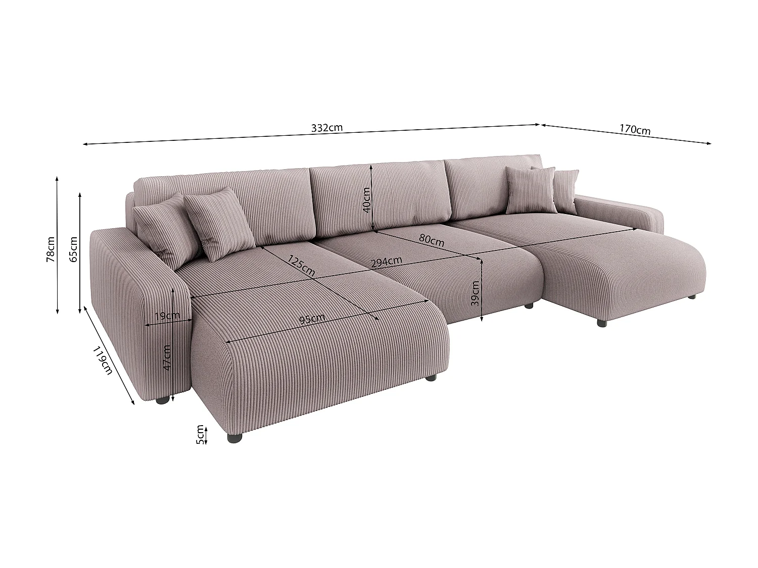 Emma - Wohnlandschaft mit Schlaffunktion und Bettkasten in Puderrosa Cord-Stoff schöner Sitzkomfort