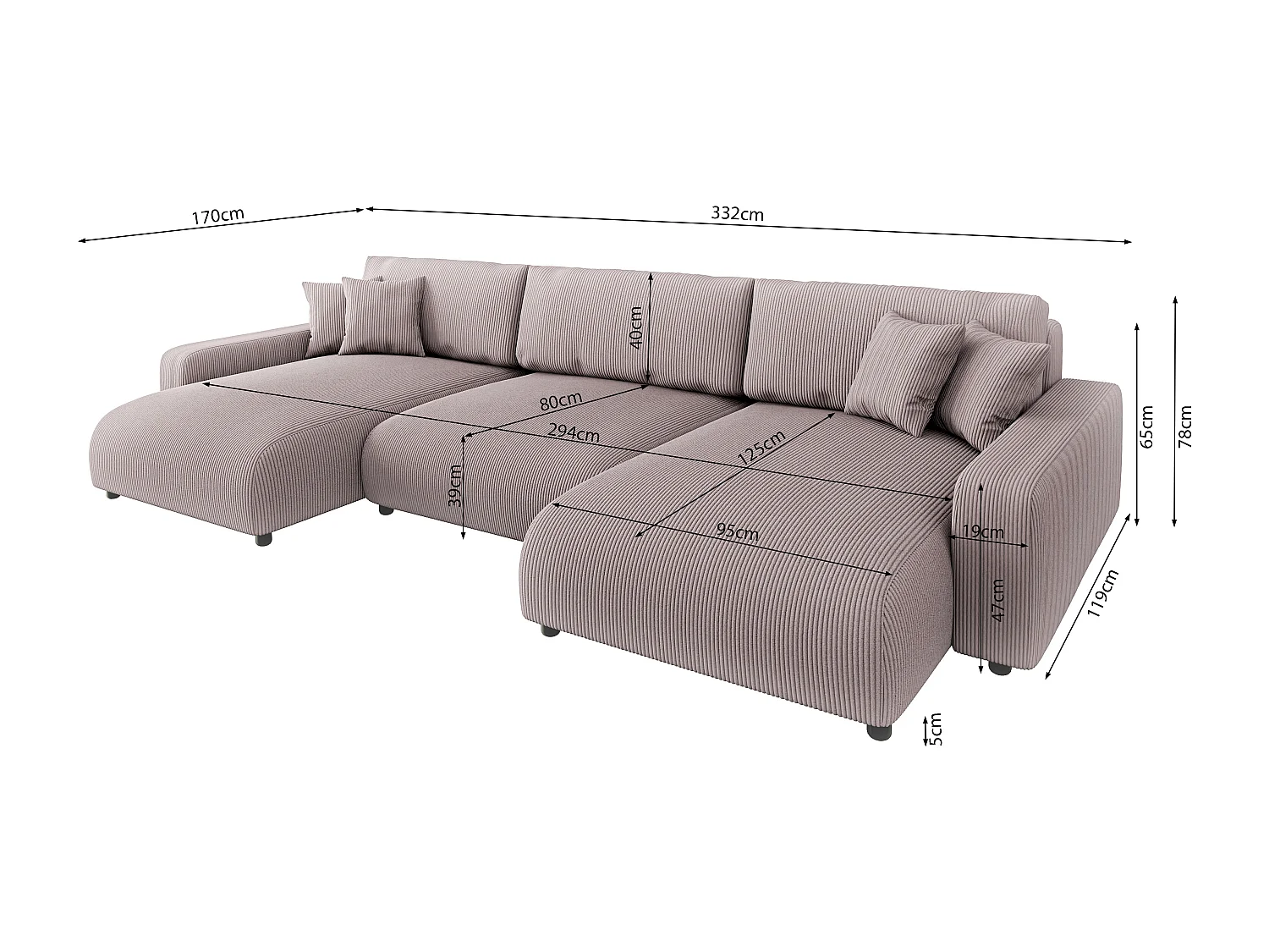 Emma - Wohnlandschaft mit Schlaffunktion und Bettkasten in Puderrosa Cord-Stoff schöner Sitzkomfort