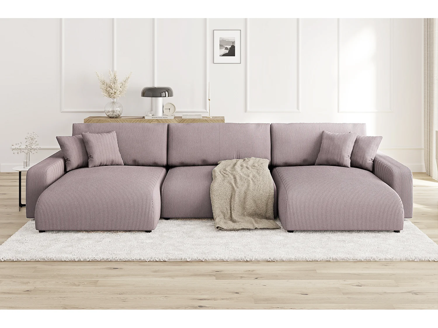 Emma - Wohnlandschaft mit Schlaffunktion und Bettkasten in Puderrosa Cord-Stoff schöner Sitzkomfort