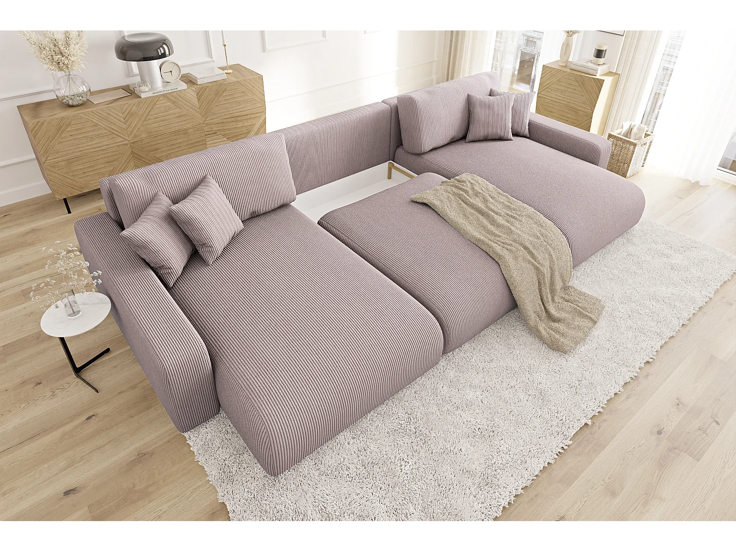 Emma - Wohnlandschaft mit Schlaffunktion und Bettkasten in Puderrosa Cord-Stoff schöner Sitzkomfort