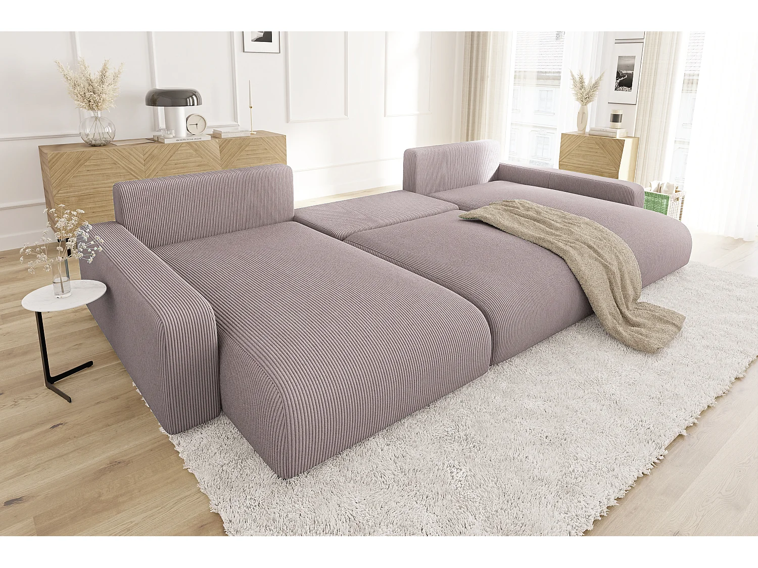 Emma - Wohnlandschaft mit Schlaffunktion und Bettkasten in Puderrosa Cord-Stoff schöner Sitzkomfort