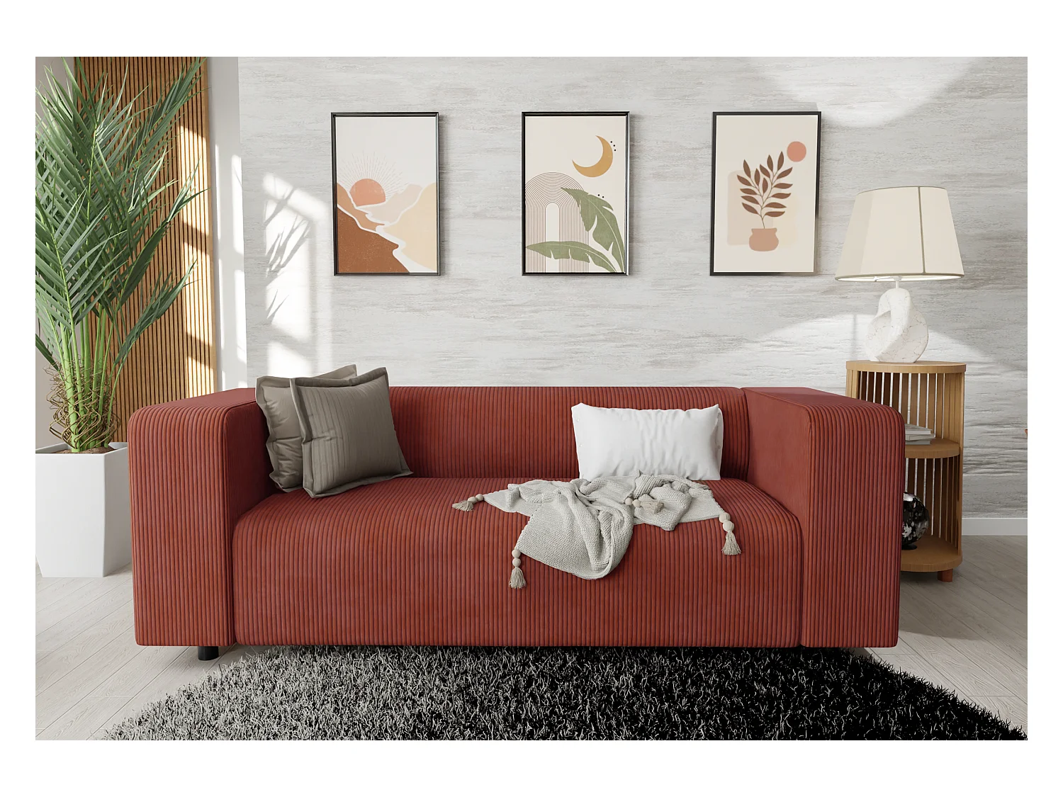 Canapé droit 2 places moderne en velours côtelé terracotta avec assise confortable THORA