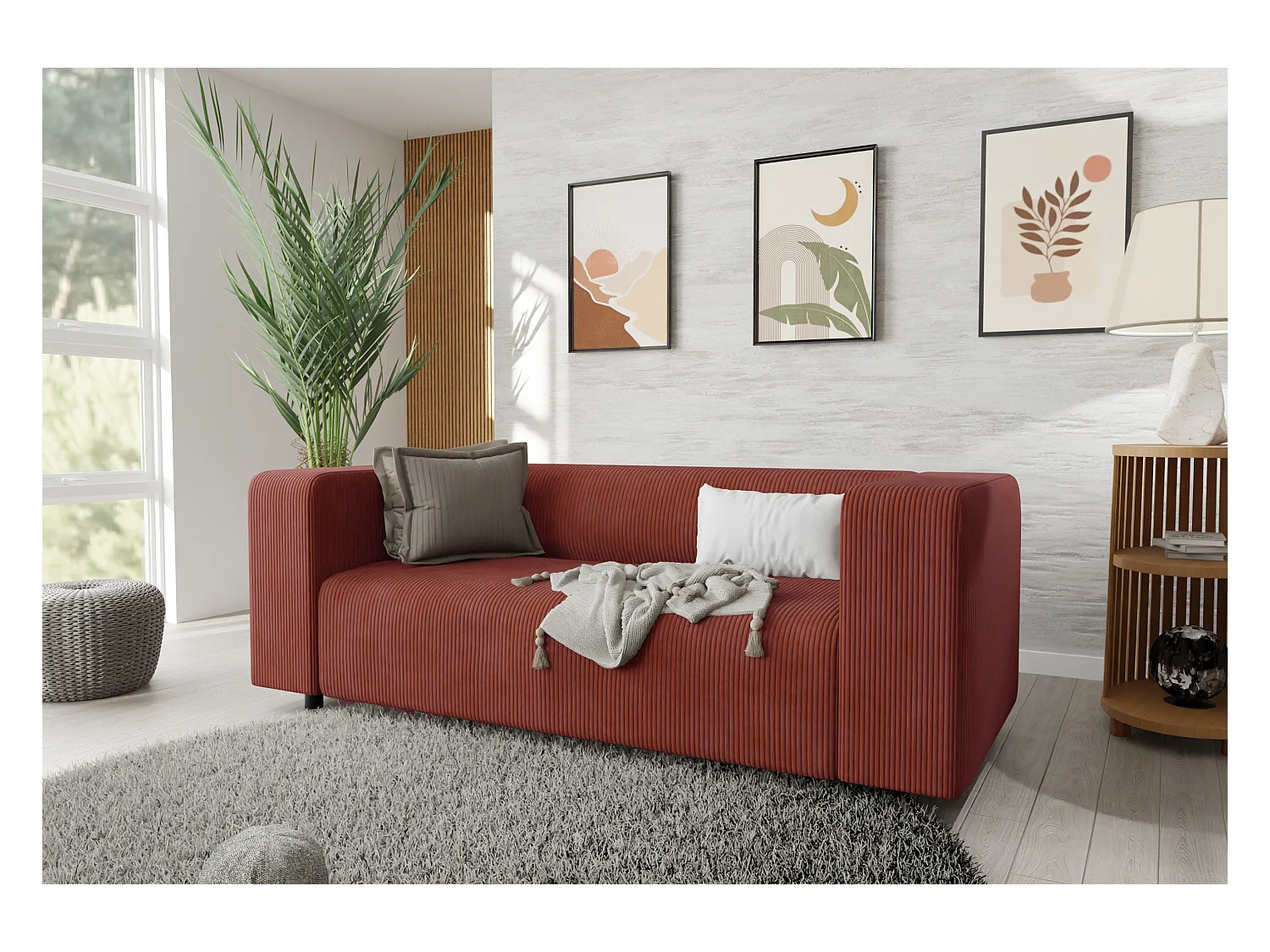 Canapé droit 2 places moderne en velours côtelé terracotta avec assise confortable THORA