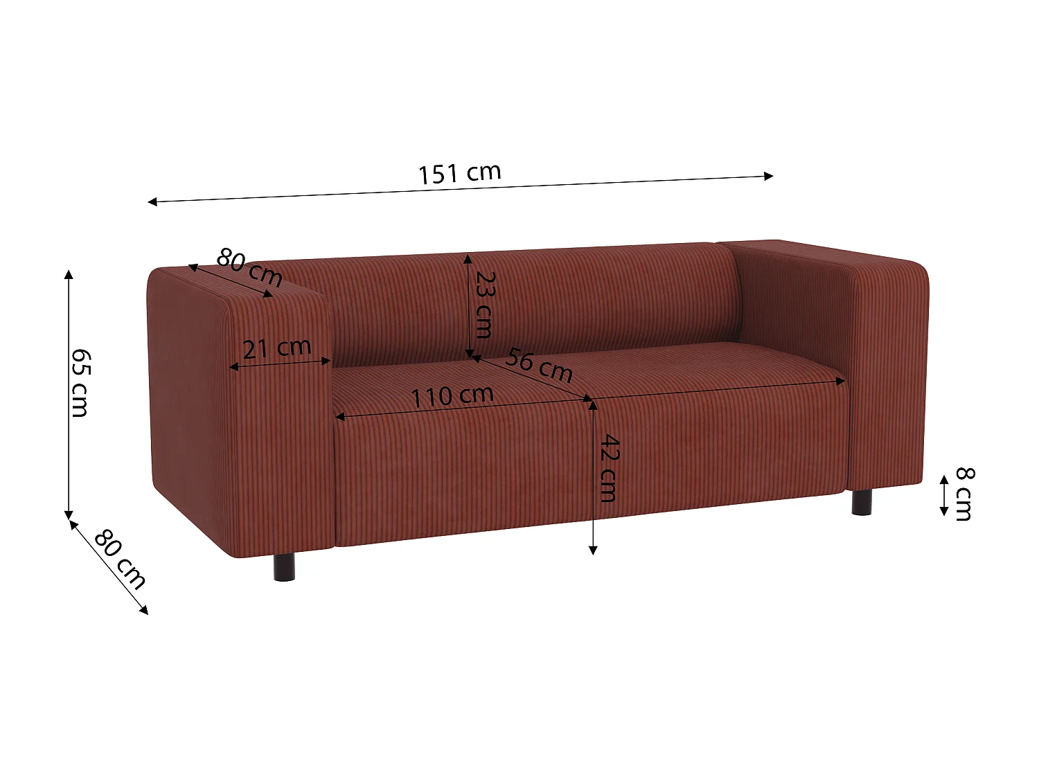 Thora - Modernes Sofa 2 sitzer aus Terracotta  Cord-Stoff mit bequemem Sitz