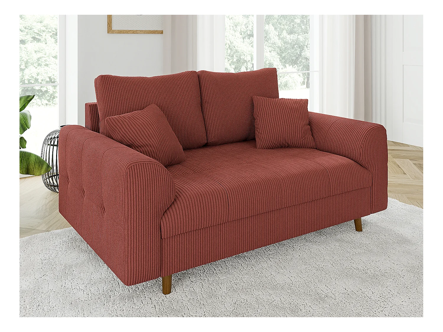 Jasper - Sofa 2 sitzer mit Braun Holzfüßen im skandinavischen Stil aus Terracotta Cord-Stoff