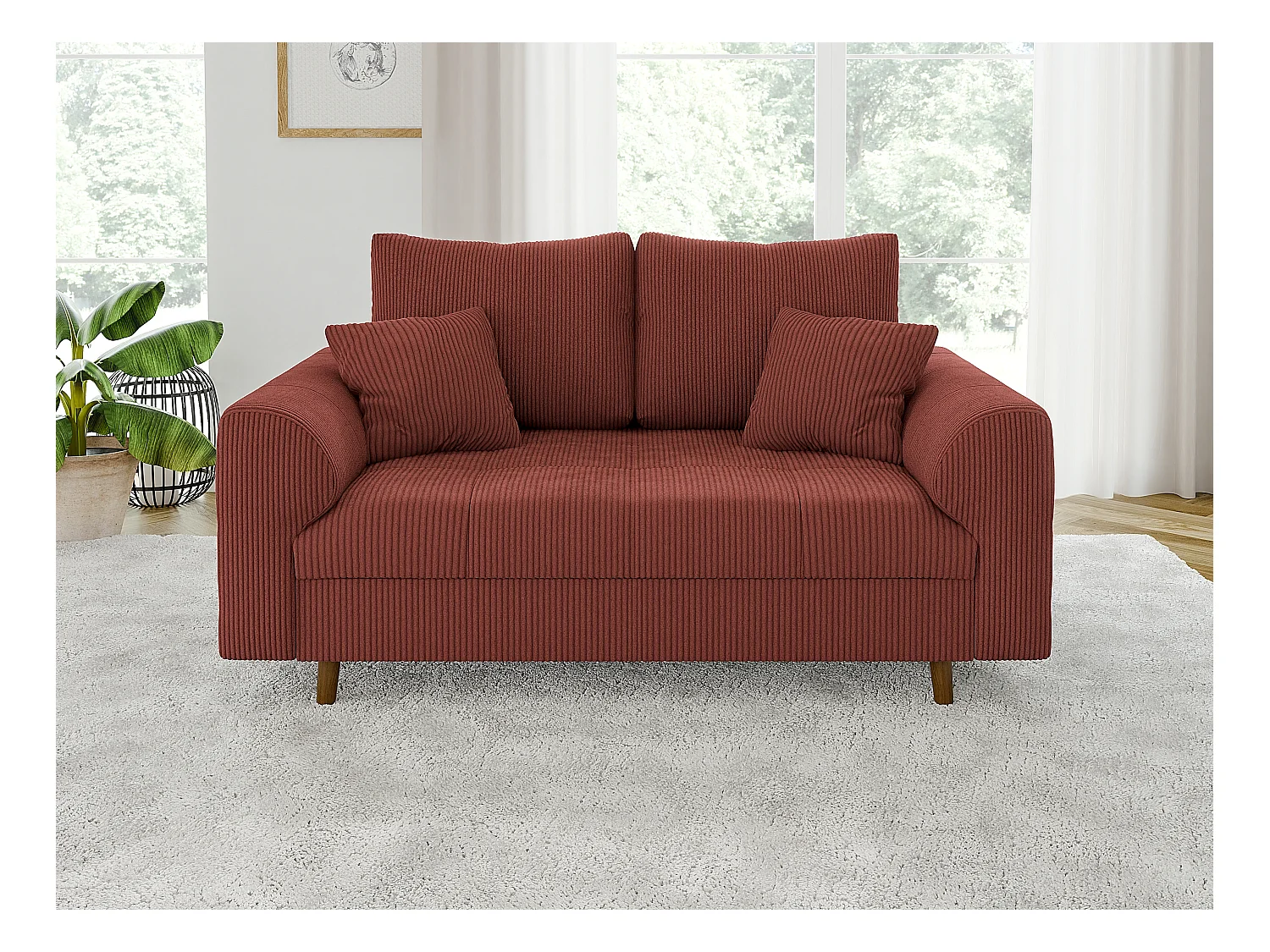 Jasper - Sofa 2 sitzer mit Braun Holzfüßen im skandinavischen Stil aus Terracotta Cord-Stoff