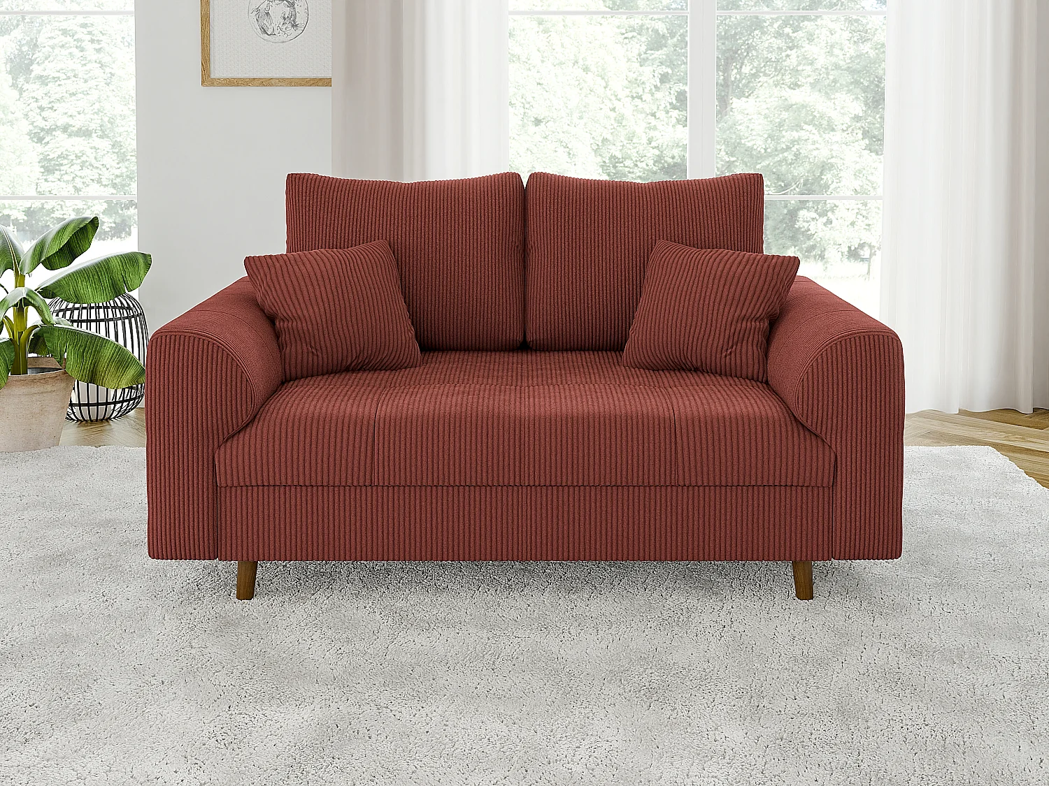 Jasper - Sofa 2 sitzer mit Braun Holzfüßen im skandinavischen Stil aus Terracotta Cord-Stoff