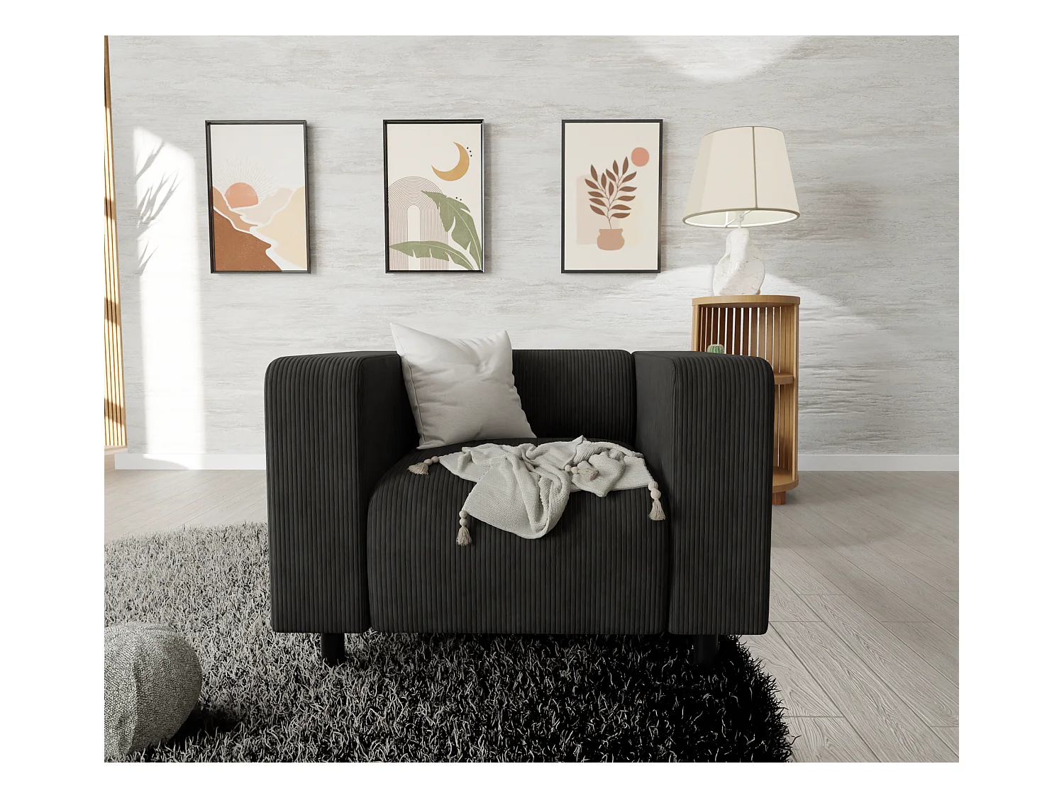 Thora - Modernes Sessel aus Schwarz Cord-Stoff mit bequemem Sitz