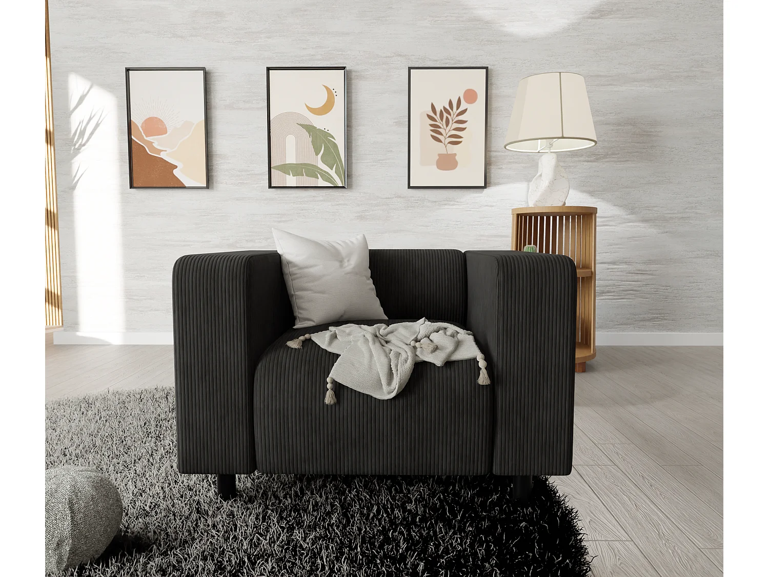 Fauteuil moderne en velours côtelé noir avec assise confortable THORA