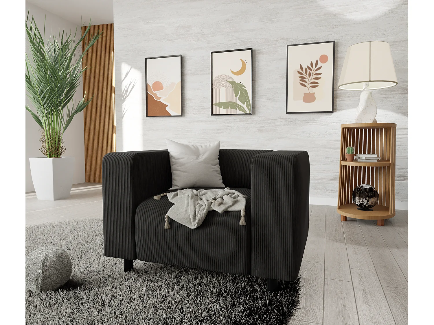 Thora - Modernes Sessel aus Schwarz Cord-Stoff mit bequemem Sitz