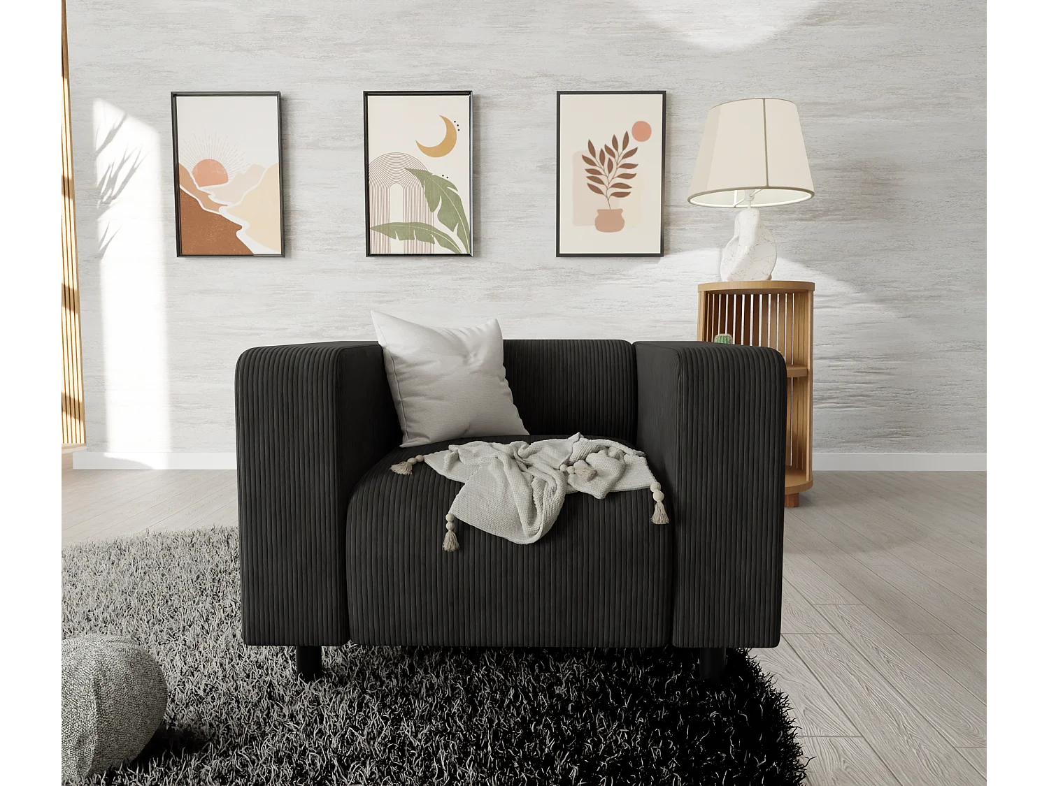 Thora - Modernes Sessel aus Schwarz Cord-Stoff mit bequemem Sitz