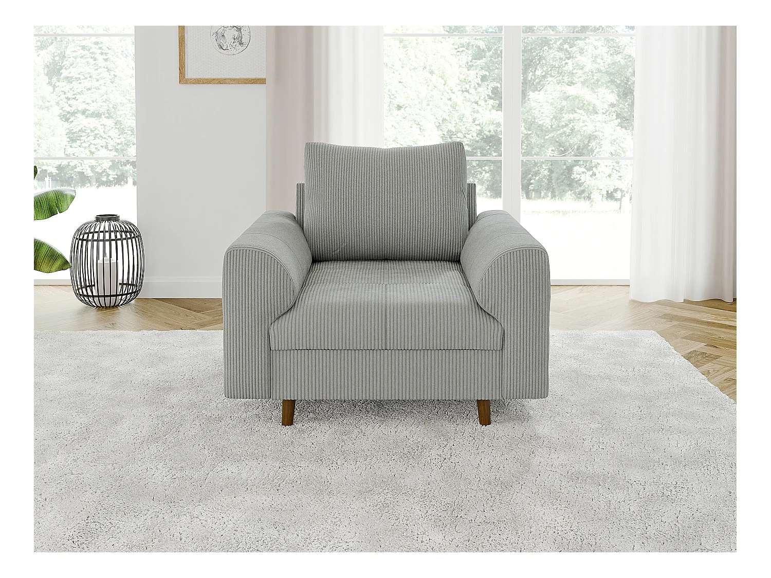 Jasper - Sessel mit Braun Holzfüßen im skandinavischen Stil aus Hellgrau Cord-Stoff