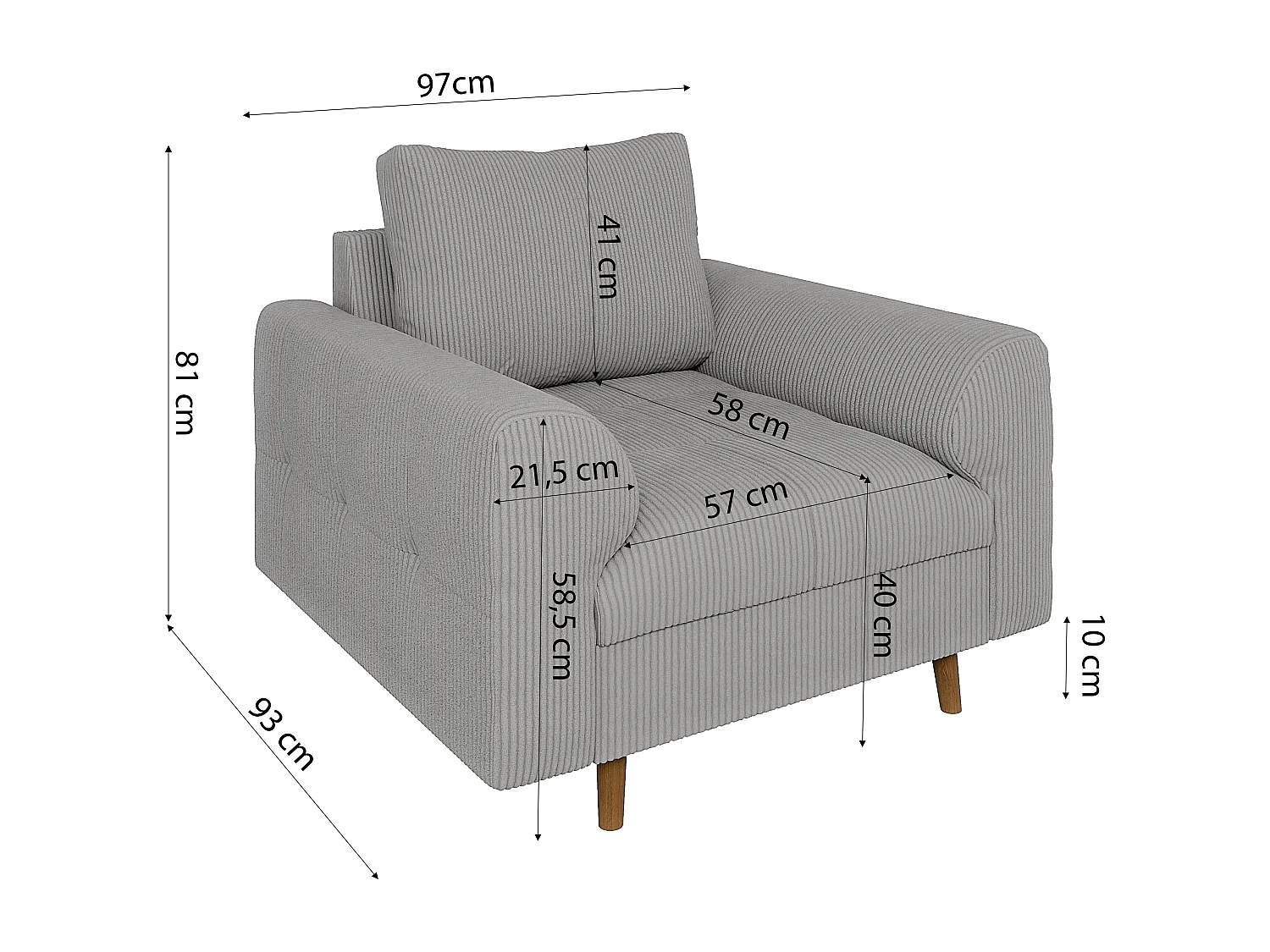 Jasper - Sessel mit Braun Holzfüßen im skandinavischen Stil aus Hellgrau Cord-Stoff
