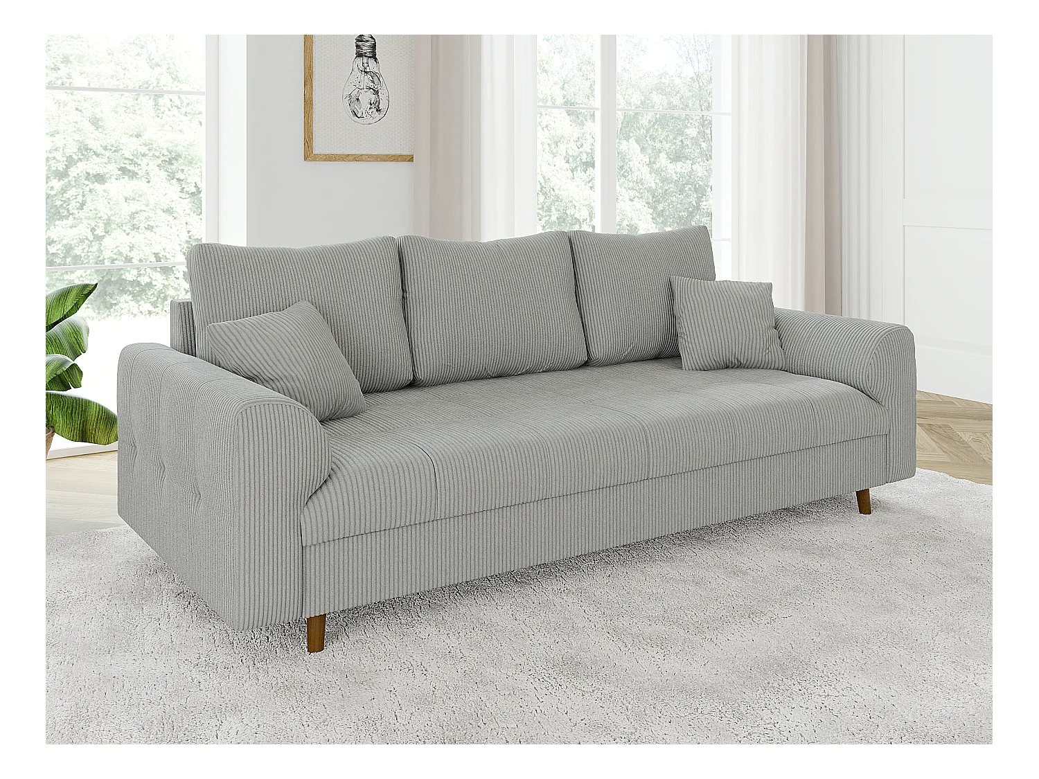 Jasper - Sofa 3 sitzer mit Braun Holzfüßen im skandinavischen Stil aus Hellgrau Cord-Stoff