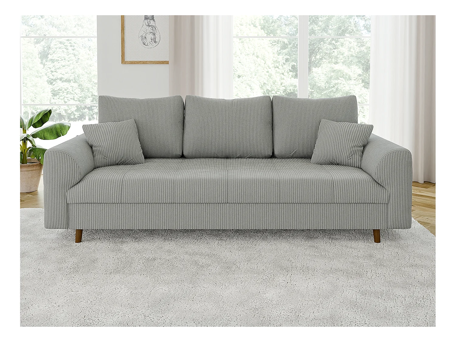 Jasper - Sofa 3 sitzer mit Braun Holzfüßen im skandinavischen Stil aus Hellgrau Cord-Stoff