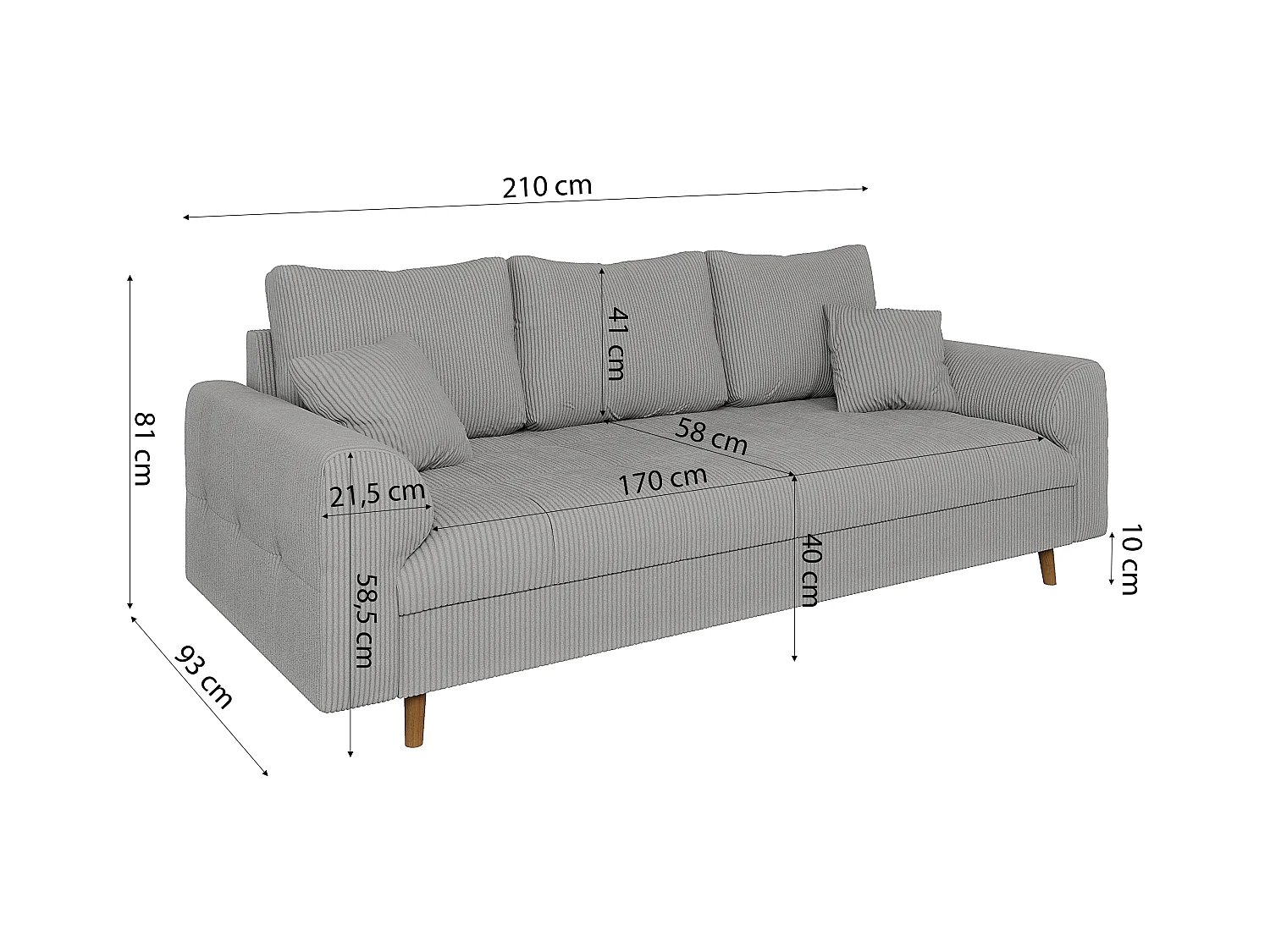 Jasper - Sofa 3 sitzer mit Braun Holzfüßen im skandinavischen Stil aus Hellgrau Cord-Stoff