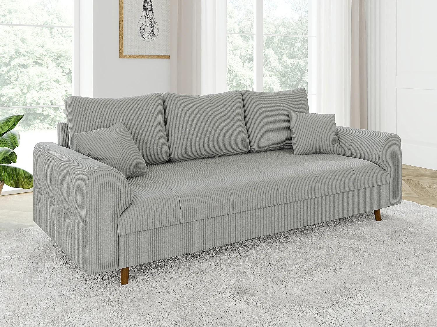 Jasper - Sofa 3 sitzer mit Braun Holzfüßen im skandinavischen Stil aus Hellgrau Cord-Stoff