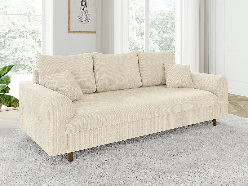 Arvid - Sofa 3 sitzer mit Braun Holzfüßen im skandinavischen Stil aus Beige Chenille-Stoff