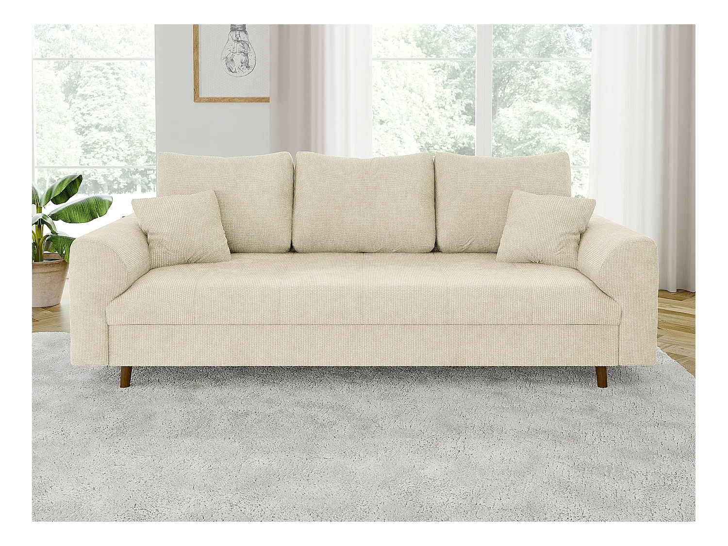Arvid - Sofa 3 sitzer mit Braun Holzfüßen im skandinavischen Stil aus Beige Chenille-Stoff