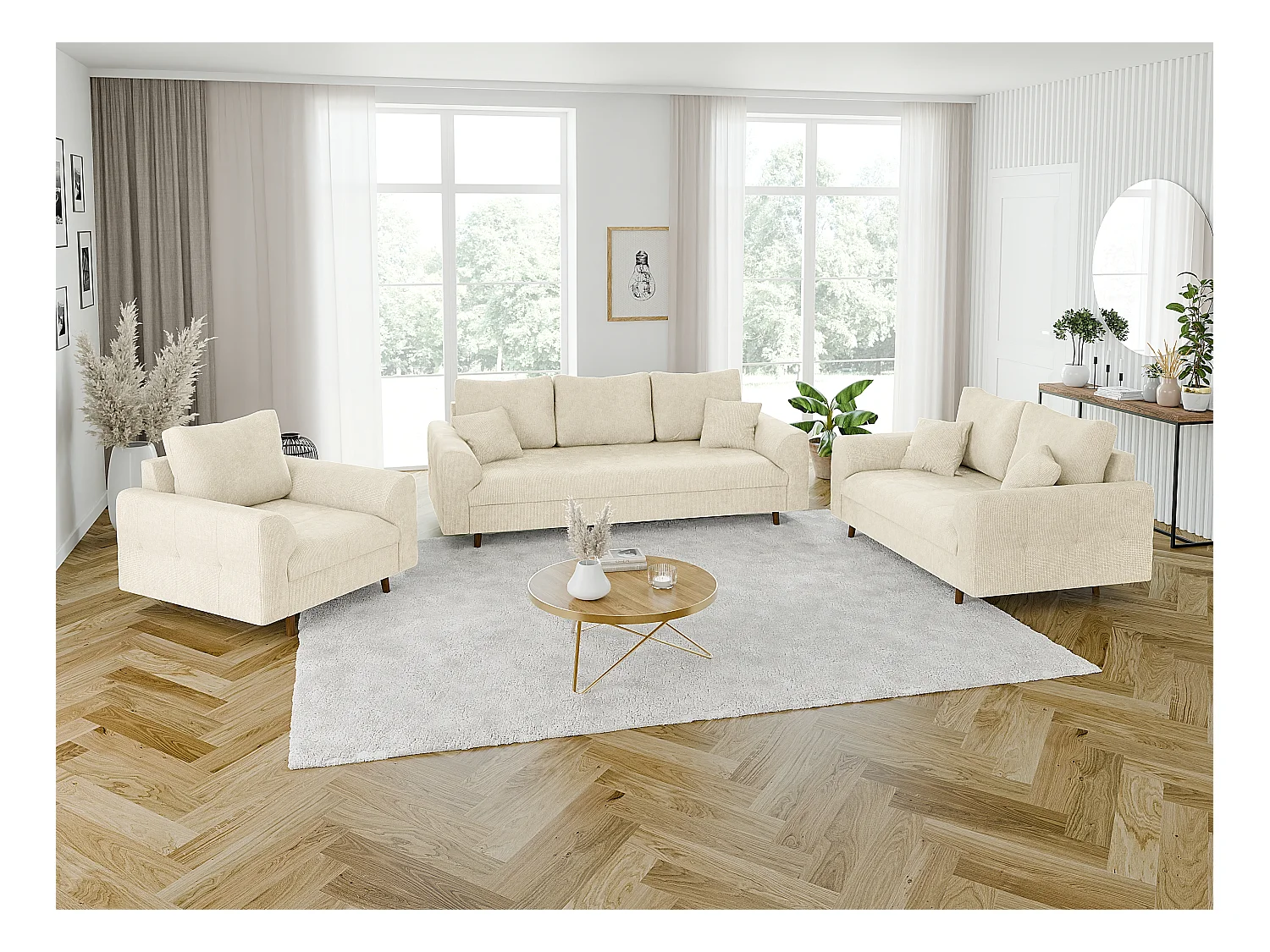 Arvid - Sofa 3 sitzer mit Braun Holzfüßen im skandinavischen Stil aus Beige Chenille-Stoff