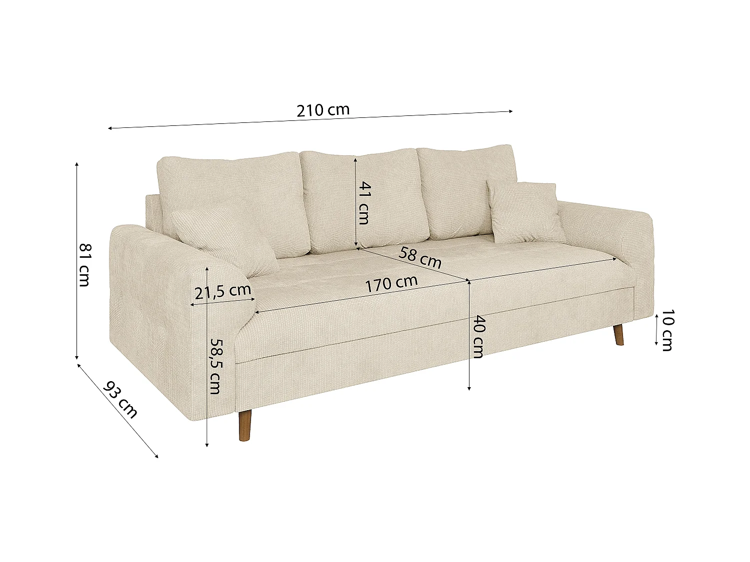 Arvid - Sofa 3 sitzer mit Braun Holzfüßen im skandinavischen Stil aus Beige Chenille-Stoff