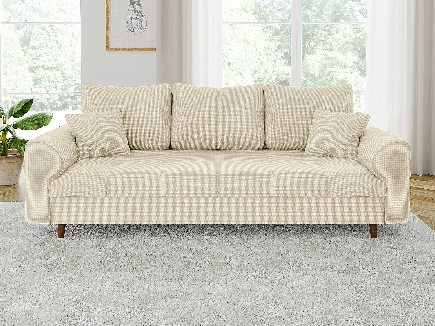 Arvid - Sofa 3 sitzer mit Braun Holzfüßen im skandinavischen Stil aus Beige Chenille-Stoff