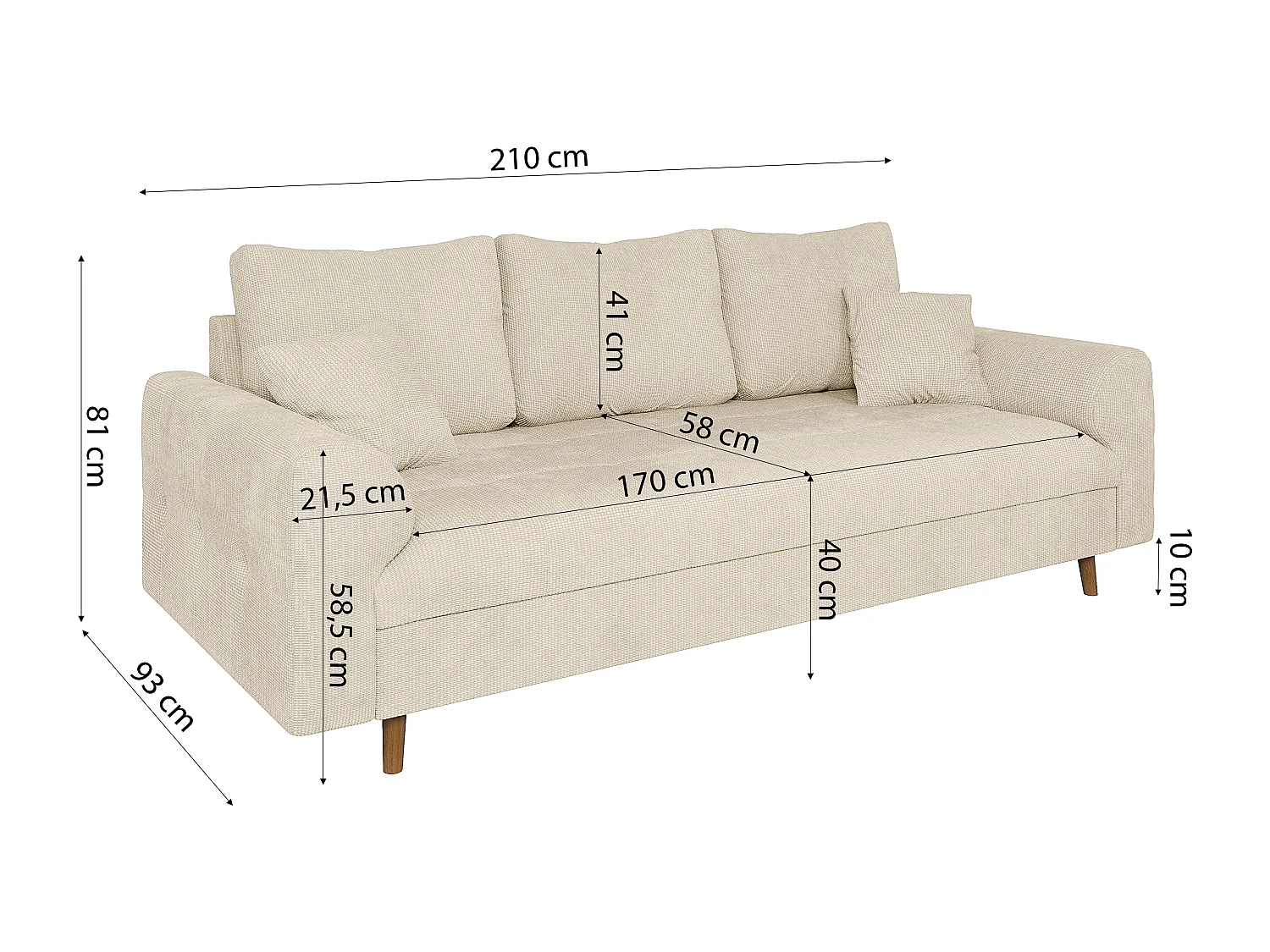 Arvid - Sofa 3 sitzer mit Braun Holzfüßen im skandinavischen Stil aus Beige Chenille-Stoff