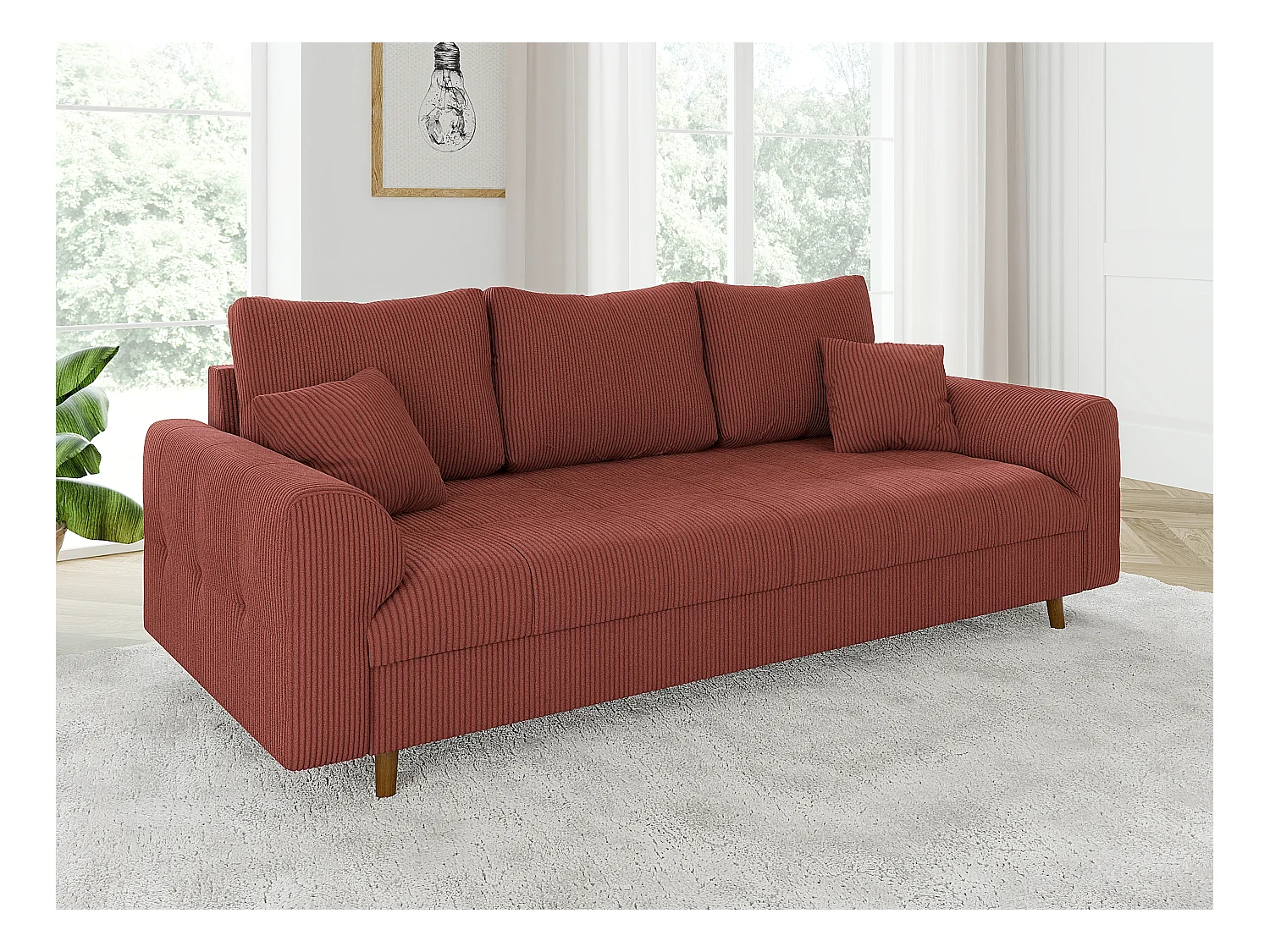 Jasper - Sofa 3 sitzer mit Braun Holzfüßen im skandinavischen Stil aus Terrakotta Cord-Stoff