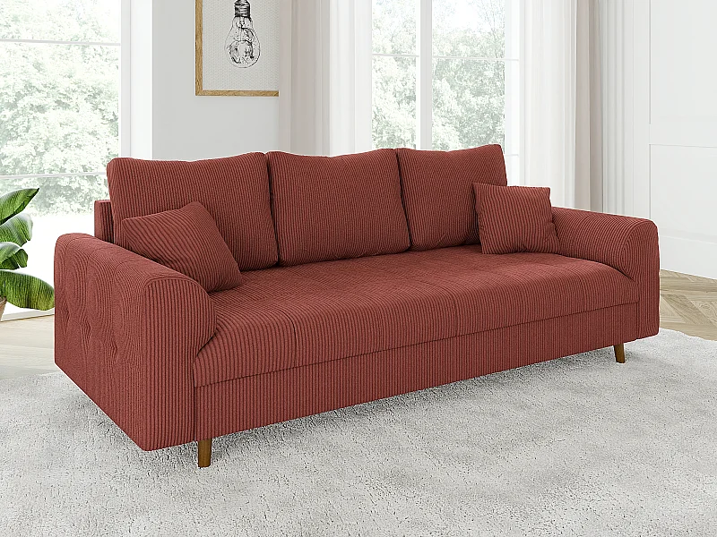 Jasper - Sofa 3 sitzer mit Braun Holzfüßen im skandinavischen Stil aus Terrakotta Cord-Stoff