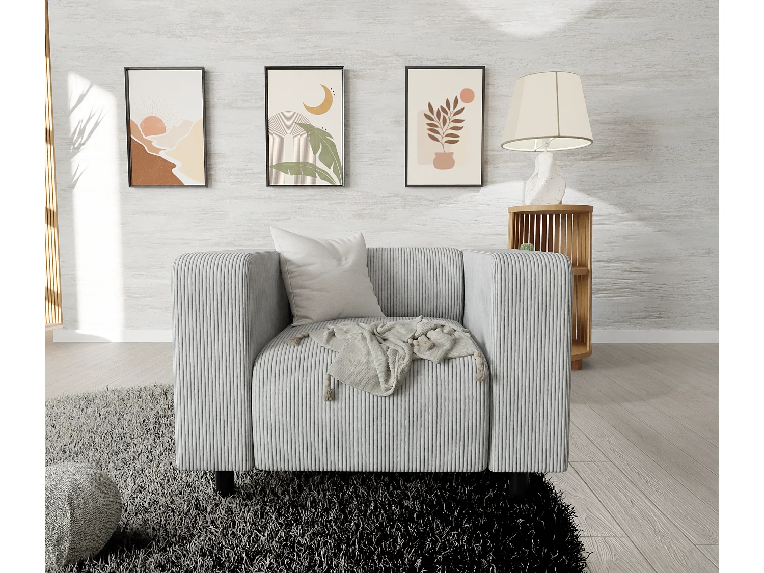 Fauteuil moderne en velours côtelé gris clair avec assise confortable THORA