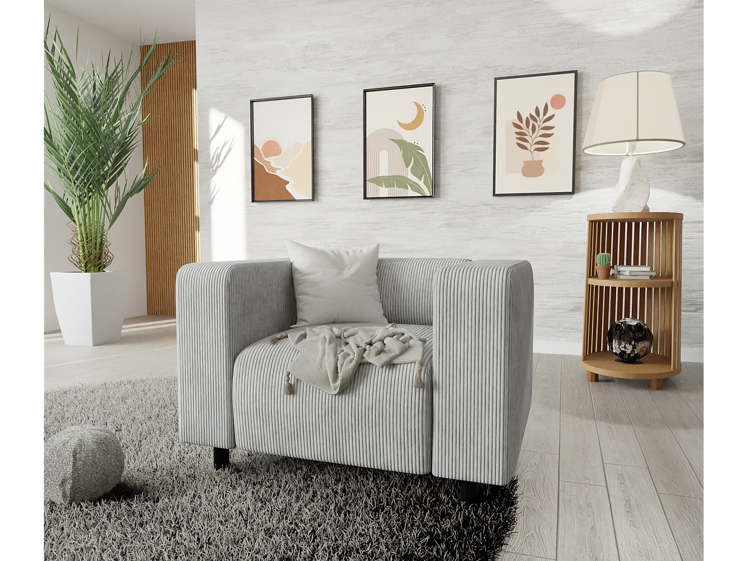 Thora - Modernes Sessel aus Hellgrau Cord-Stoff mit bequemem Sitz